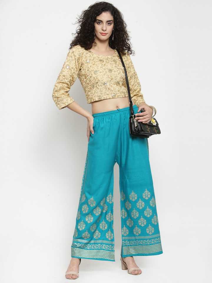 PAVONINE Rama Green Color Block Side Printed Rayon Fabric Sharara For Women