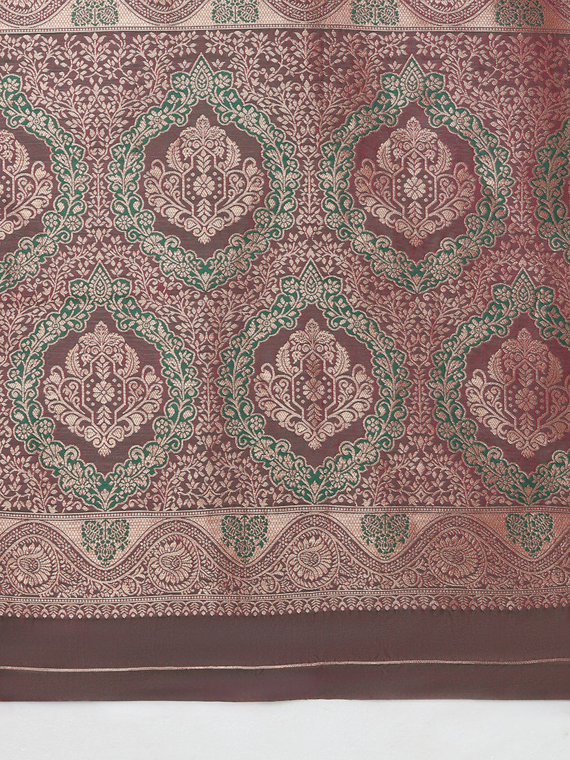 Monjolika Fashion Red Banarasi Silk Blend SareeWith Traditional & Modern Dulha Dulhan Figure Zari Woven Detailing 