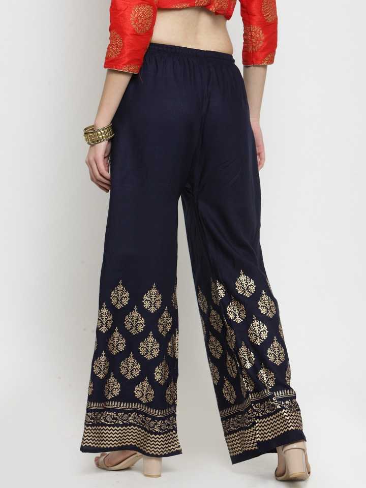 PAVONINE Navy Blue Color Block Side Printed Rayon Fabric Sharara For Women