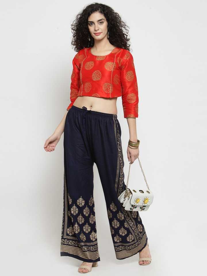 PAVONINE Navy Blue Color Block Side Printed Rayon Fabric Sharara For Women