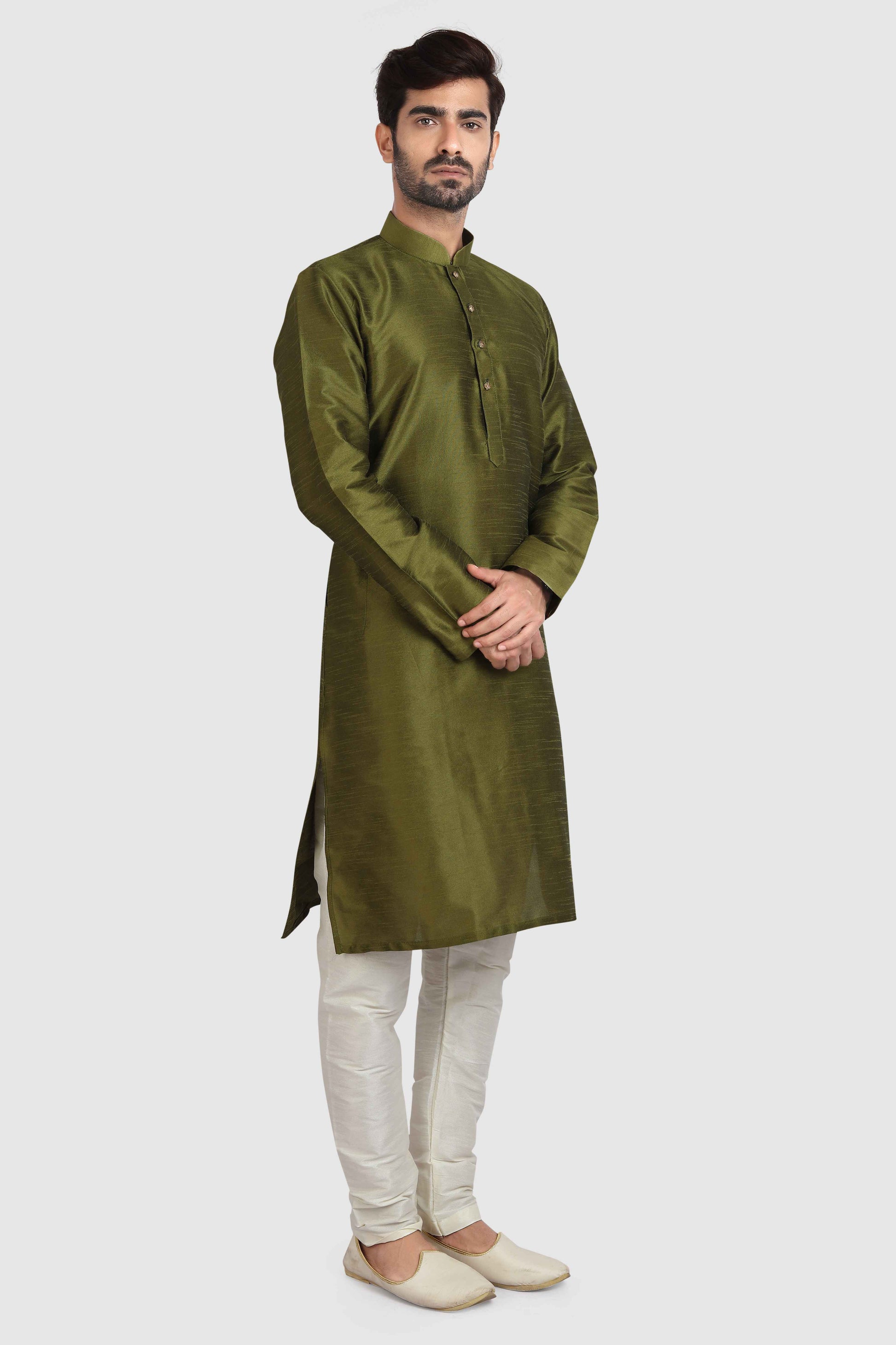 Raivat Ethnic Art Silk Kurta Pajama In Mehendi Green Colour