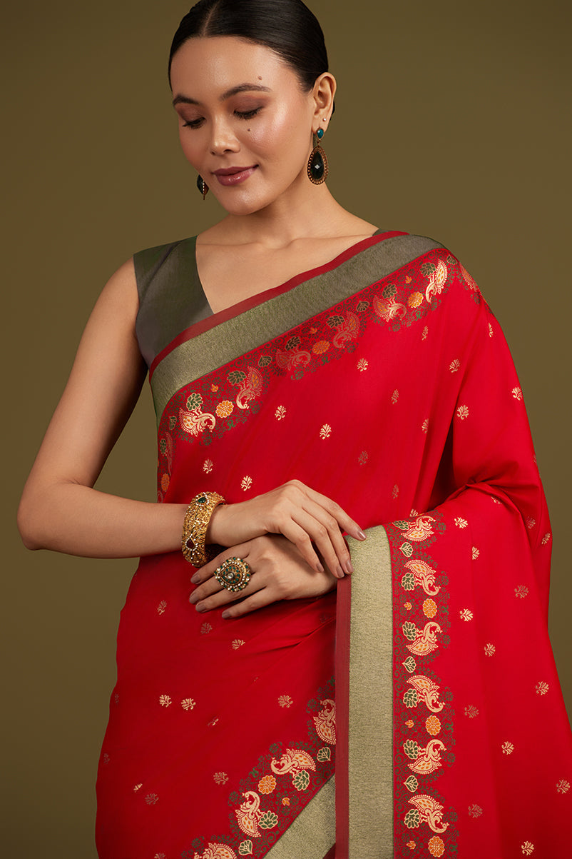 Monjolika Fashion Red Banarasi Silk Blend SareeIn Classic Paisley & Rich Zari Pallu Comes With Unstitched Blouse | Swadesiicart