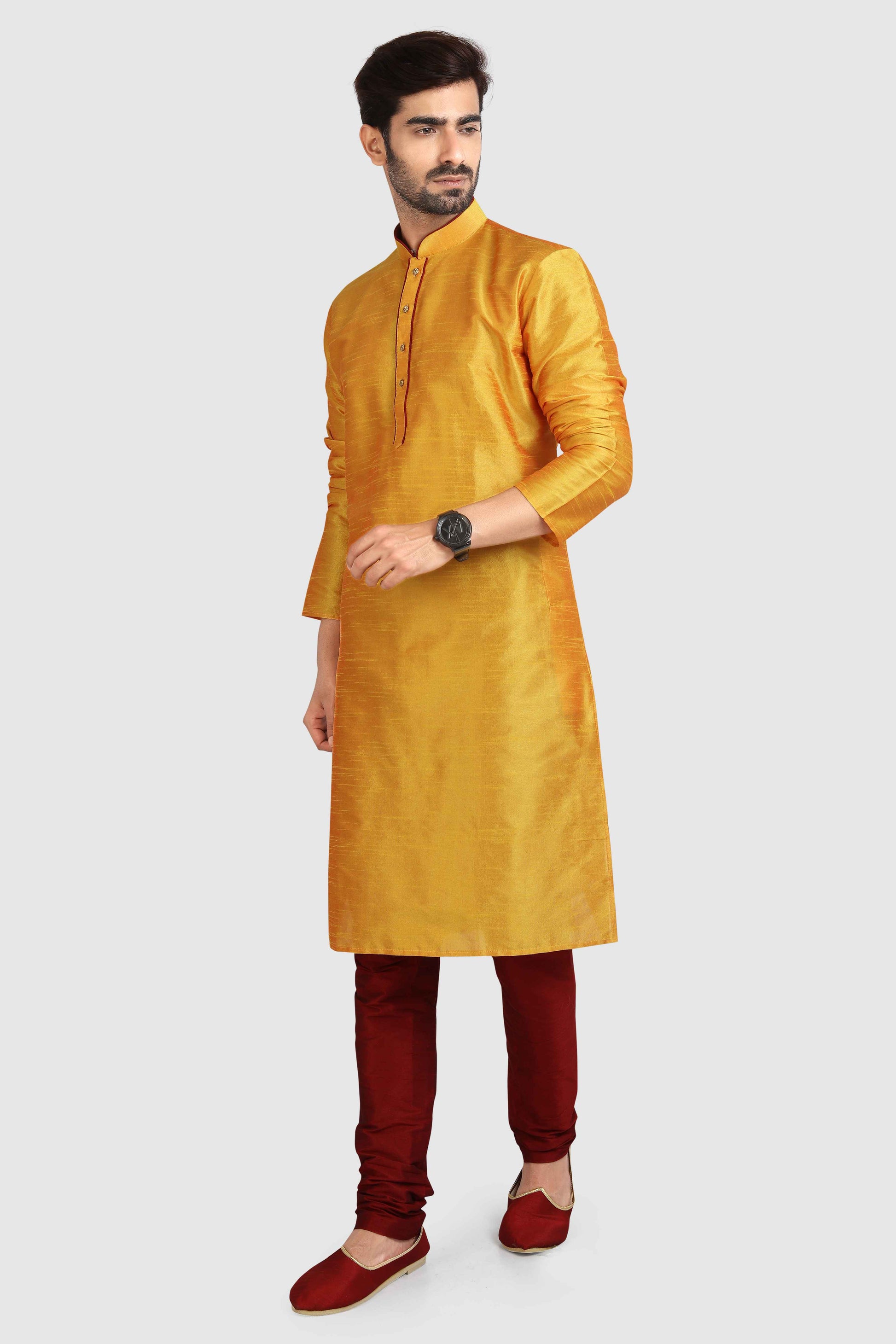 Raivat Ethnic Art Silk Kurta Pajama In Mustard Colour