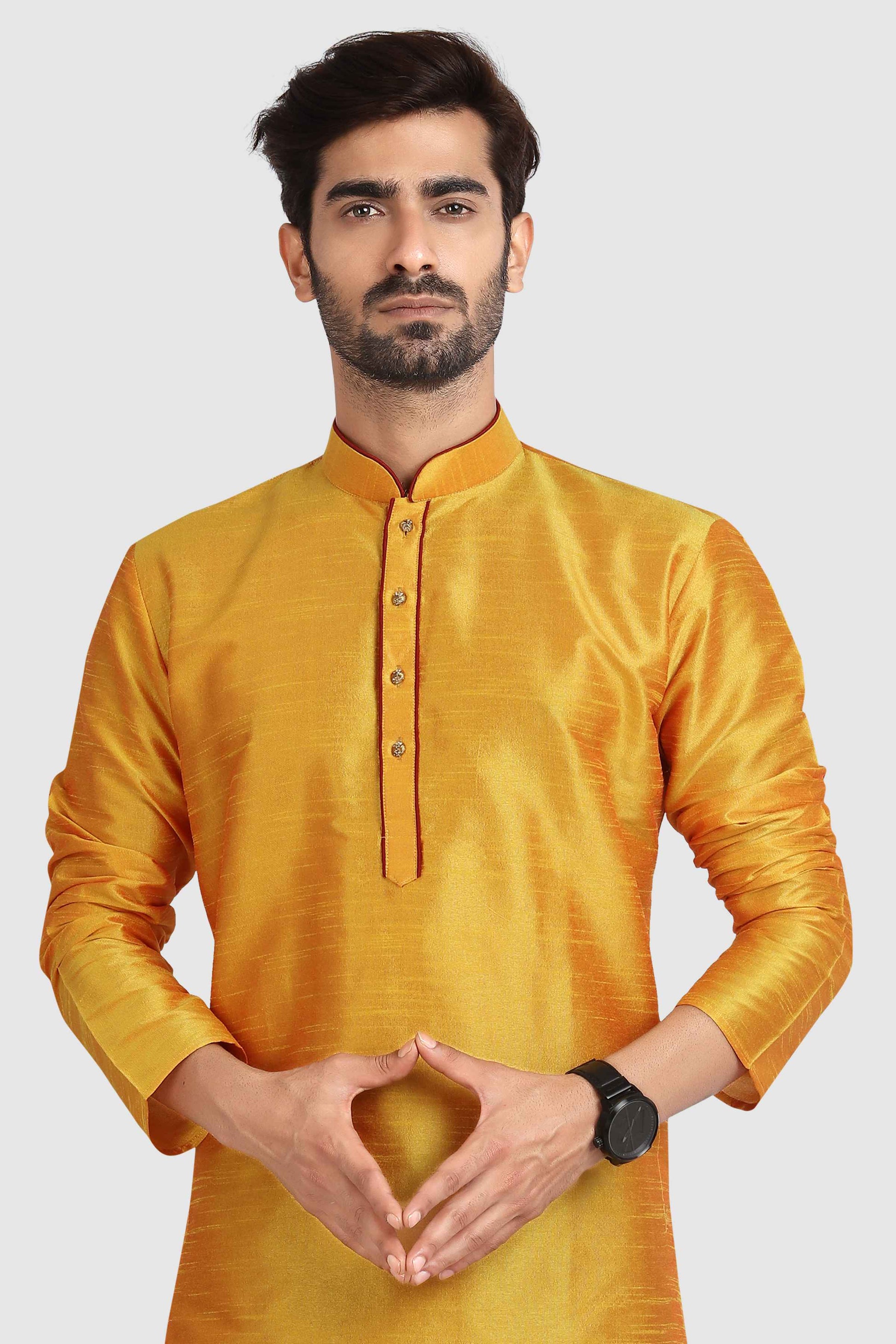 Raivat Ethnic Art Silk Kurta Pajama In Mustard Colour