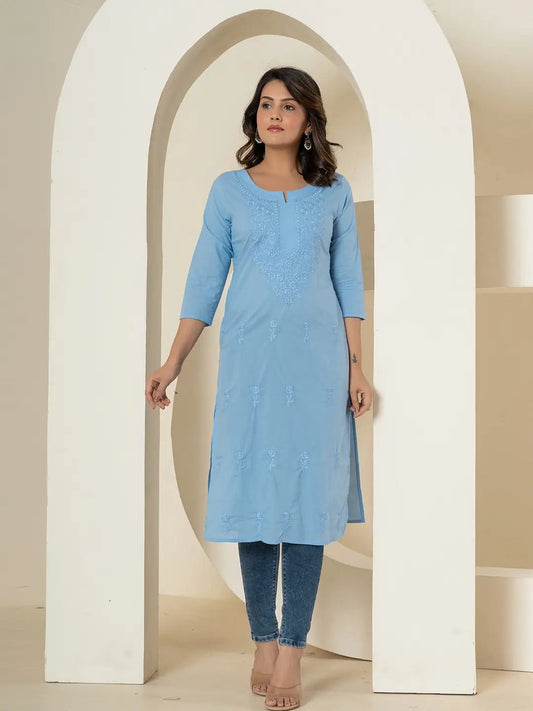 Yufta Women Sky Blue Chikankari Straight Kurta | Grab2Buy