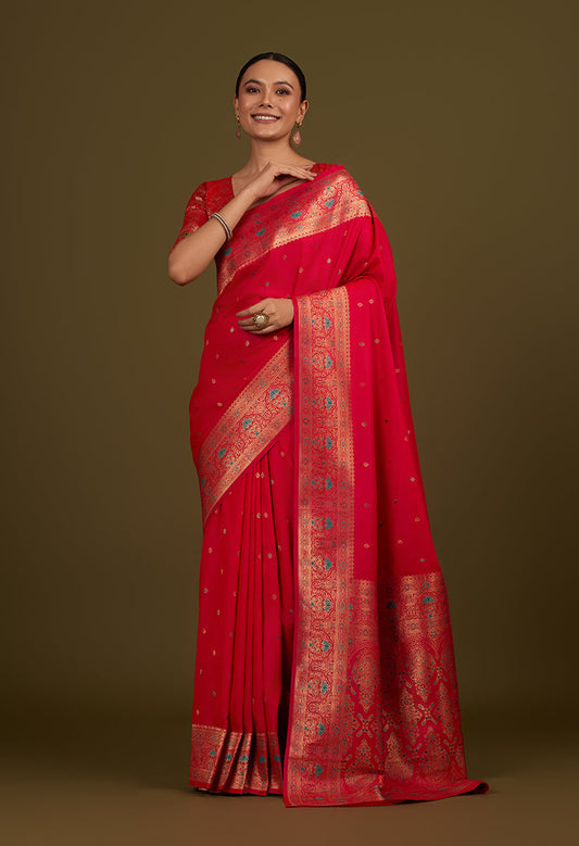 Monjolika Fashion Elegant Hot Pink Banarasi Silk Blend SareeBrocade Motifs & Zari Woven Splendor | Swadesiicart