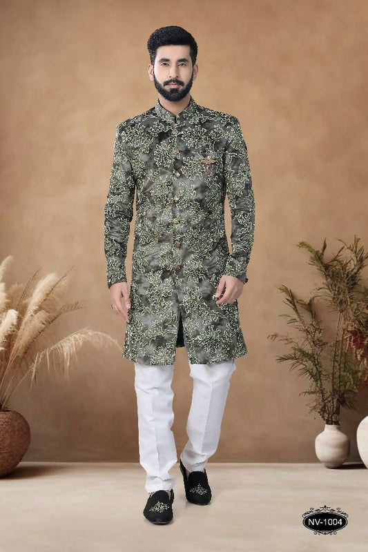 Joban Fashion Men's Green Straight Swed Velvet Thread & Sequence Embroidery All Over Indo-Western Kurta Set