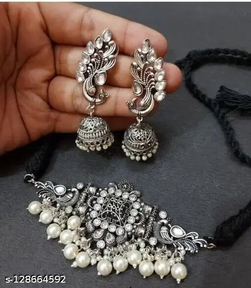 Tehzeeb Creations Women's Silver Colour Peacock Design Necklace And Earrings Tehzeeb Creations
