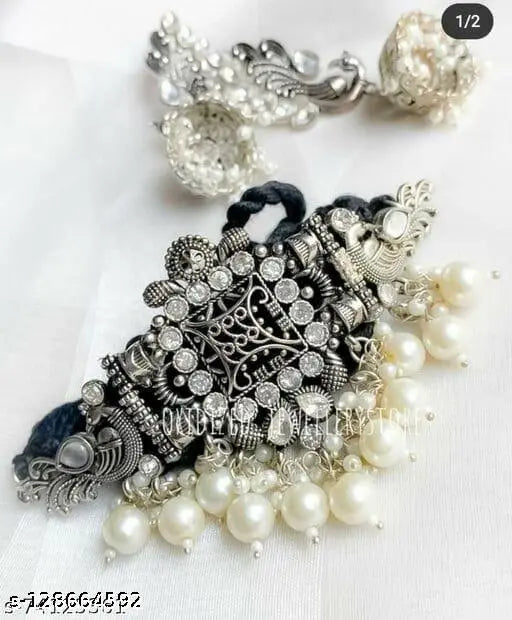 Tehzeeb Creations Women's Silver Colour Peacock Design Necklace And Earrings Tehzeeb Creations