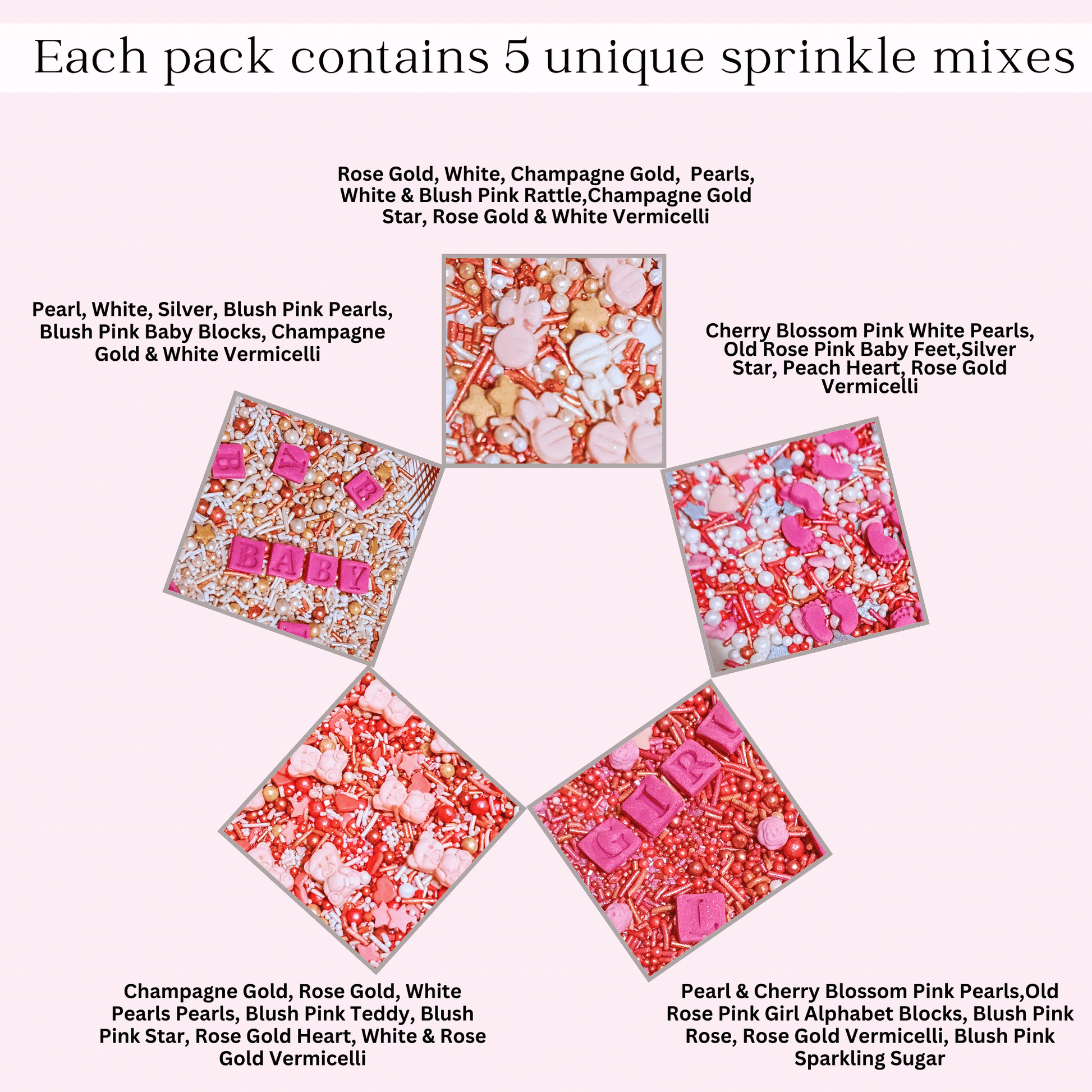 Confect Girls Baby Shower Sprinkles | Mix Silver, Gold & Blush pink Sprinkles Pack of 5