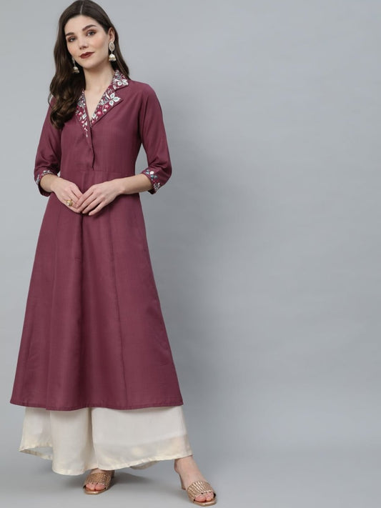 Aks Notched Lapel Collar Thread Work A-Line Kurta