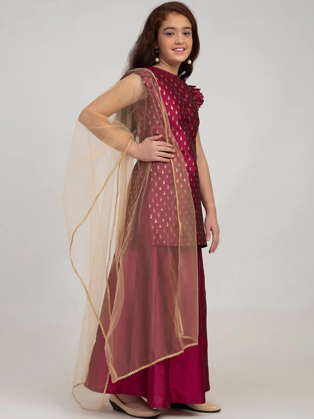 NOZ2TOZ Burgundy Embroidered Kurta with Sharara & With Dupatta For Girls 