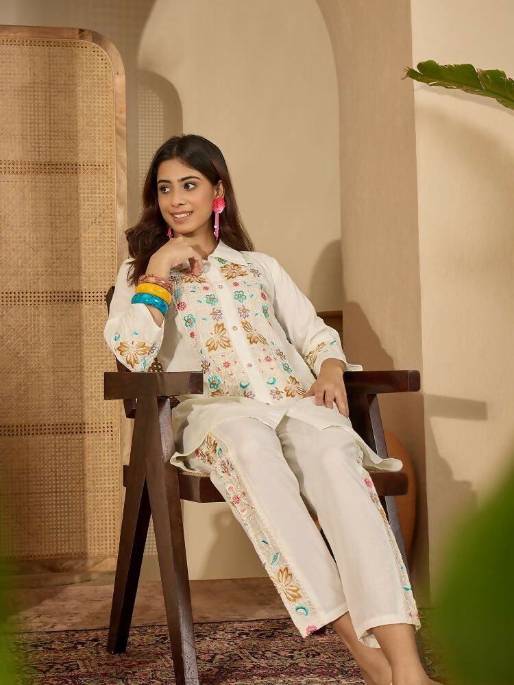 Joban Fashion Women Off-White Roman Silk Embroidered Stitched Kurta Set