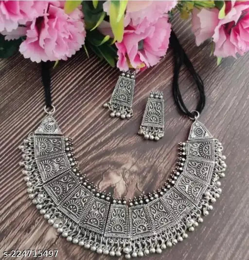 Tehzeeb Creations Women's German Silver Oxidised Necklace And Earrings Tehzeeb Creations