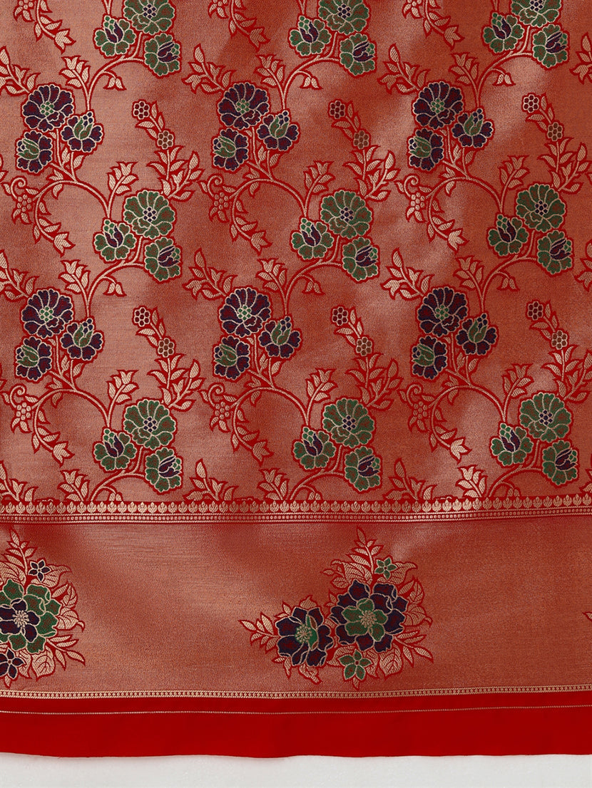 Monjolika Fashion Red Woven Silk Blend SareeWith Zari Work & Floral Motifs