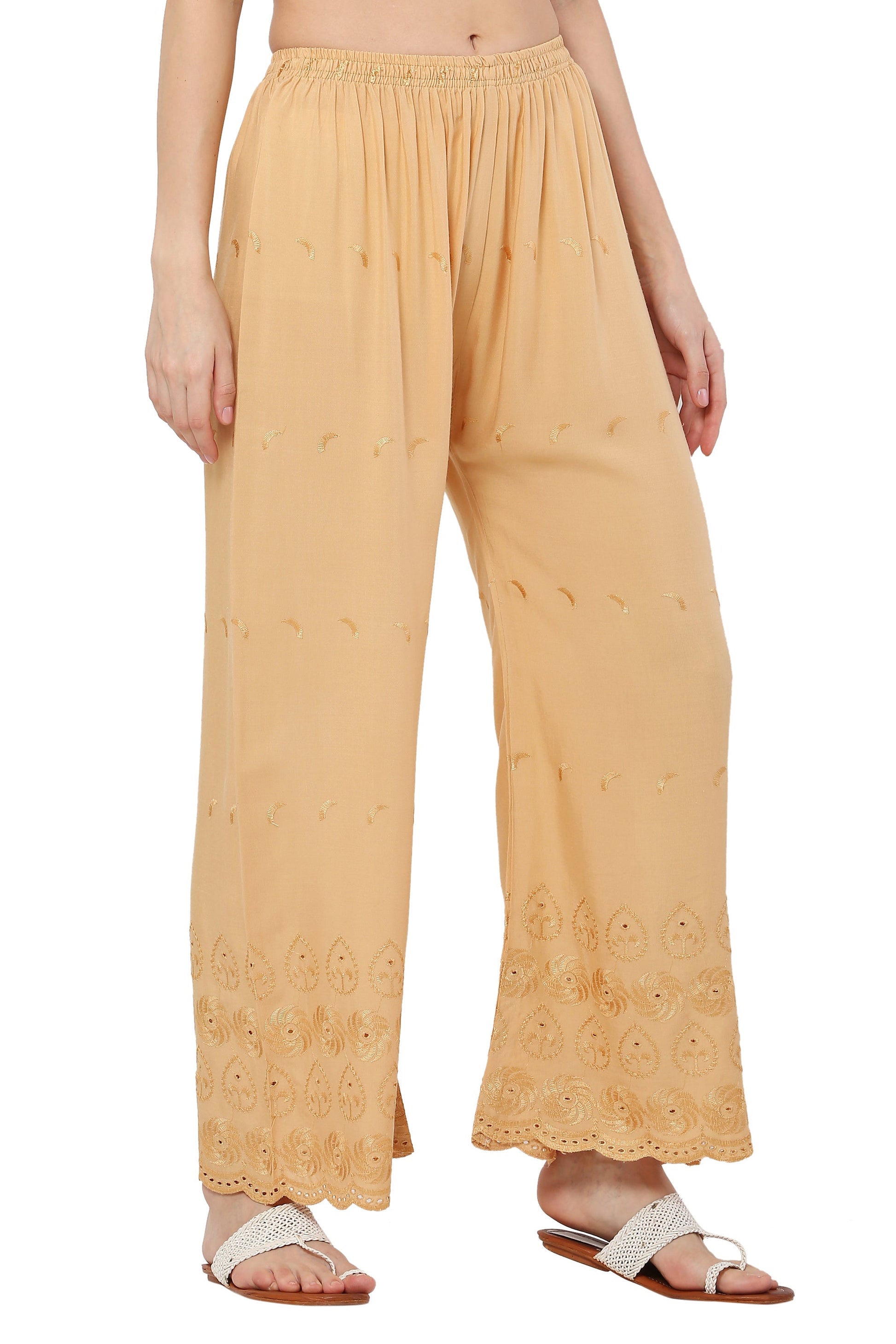 PAVONINE Beige Color Half Schiffli Chikankari Rayon Fabric Palazzo For Women