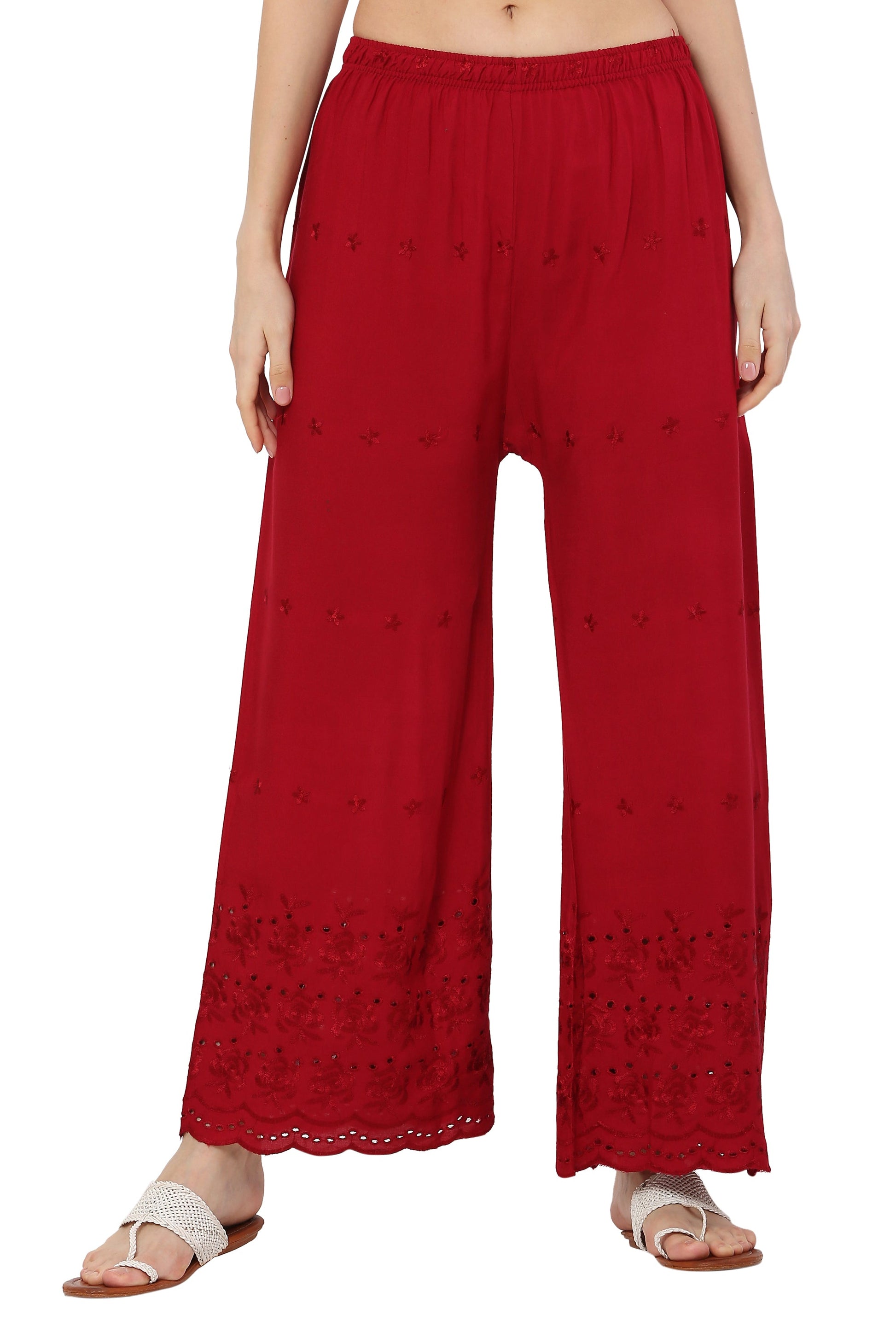 PAVONINE Maroon Color Half Schiffli Chikankari Rayon Fabric Palazzo For Women
