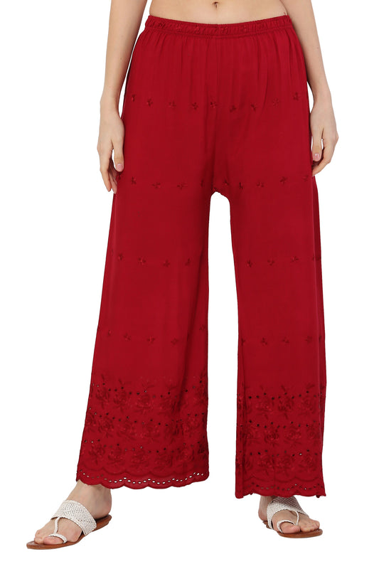 PAVONINE Maroon Color Half Schiffli Chikankari Rayon Fabric Sharara For Women