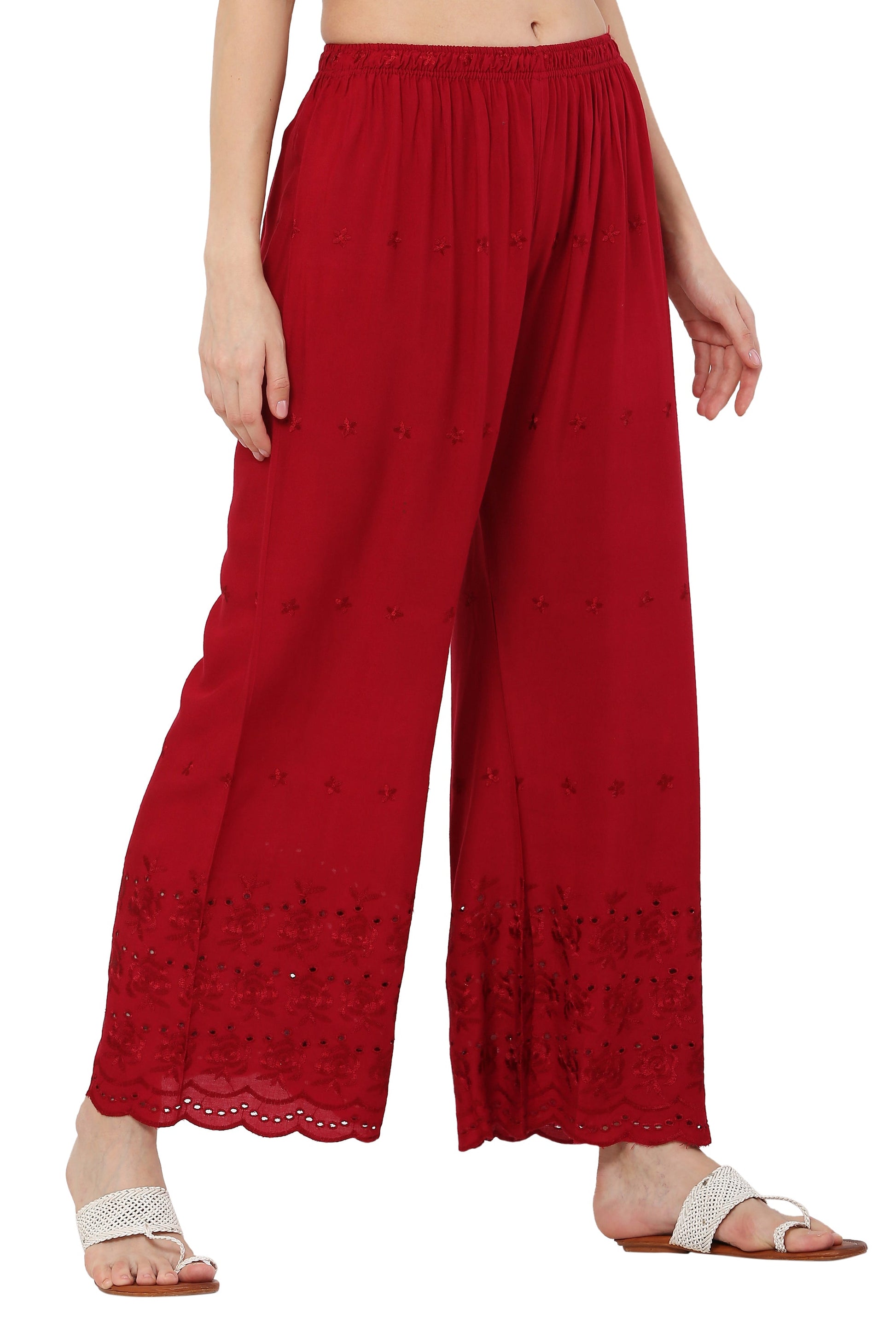 PAVONINE Maroon Color Half Schiffli Chikankari Rayon Fabric Palazzo For Women