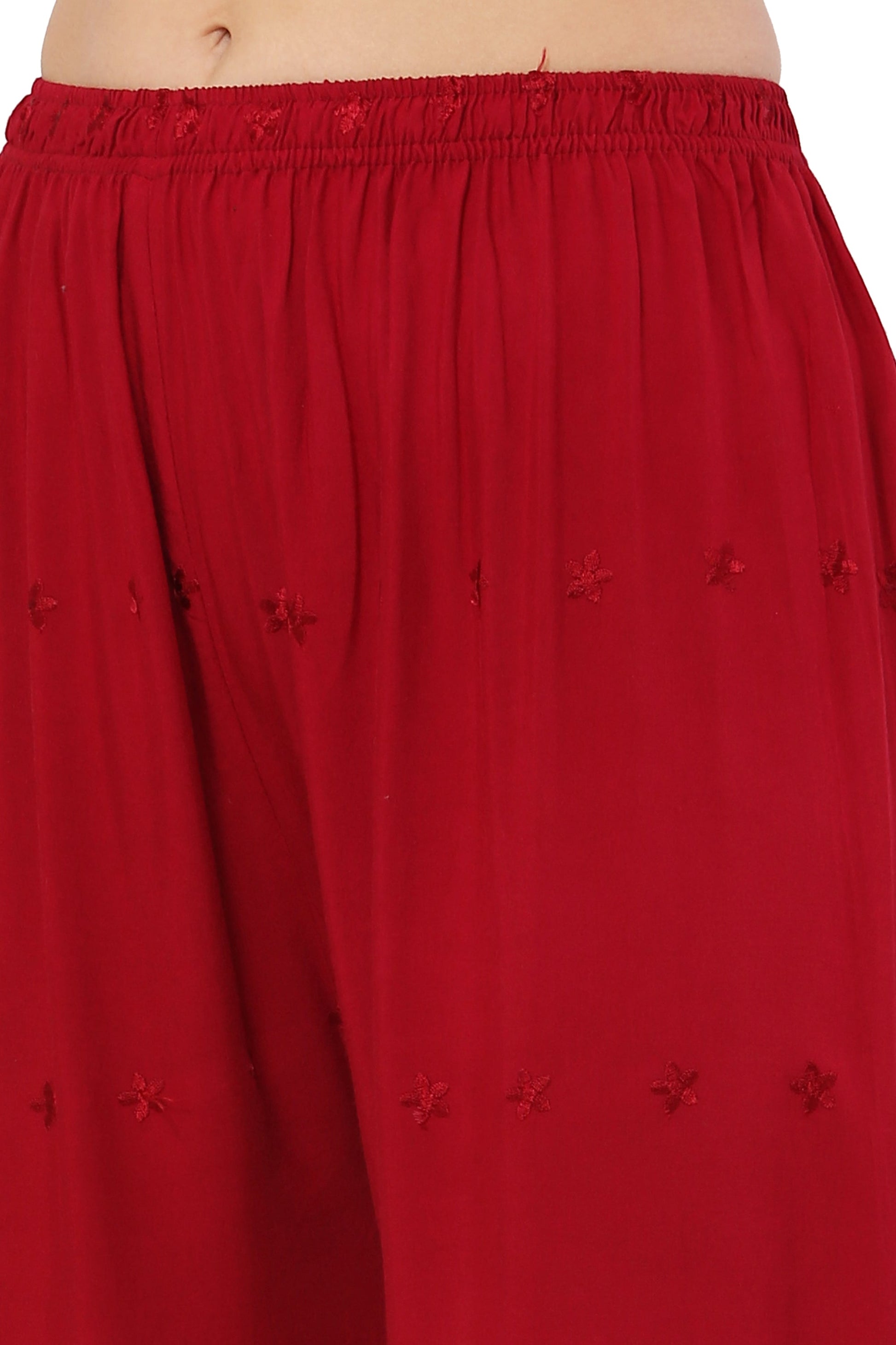 PAVONINE Maroon Color Half Schiffli Chikankari Rayon Fabric Palazzo For Women