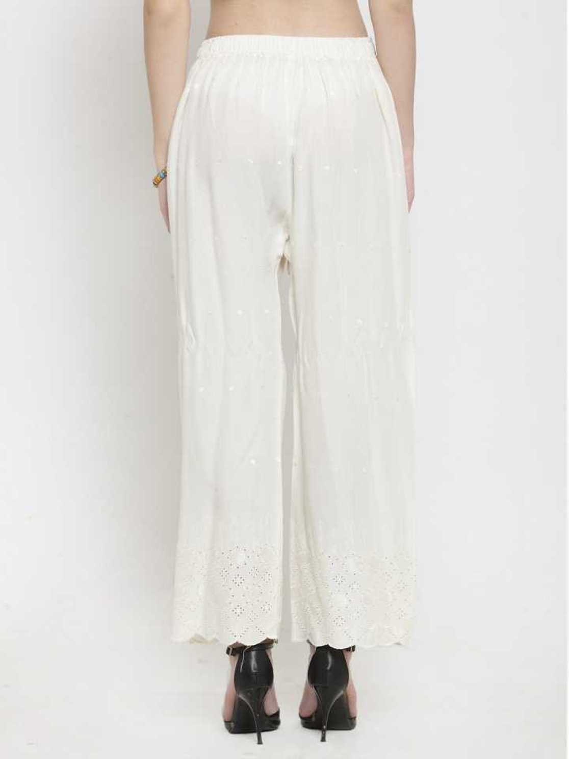 PAVONINE Off-White Color Half Schiffli Chikankari Rayon Fabric Palazzo For Women
