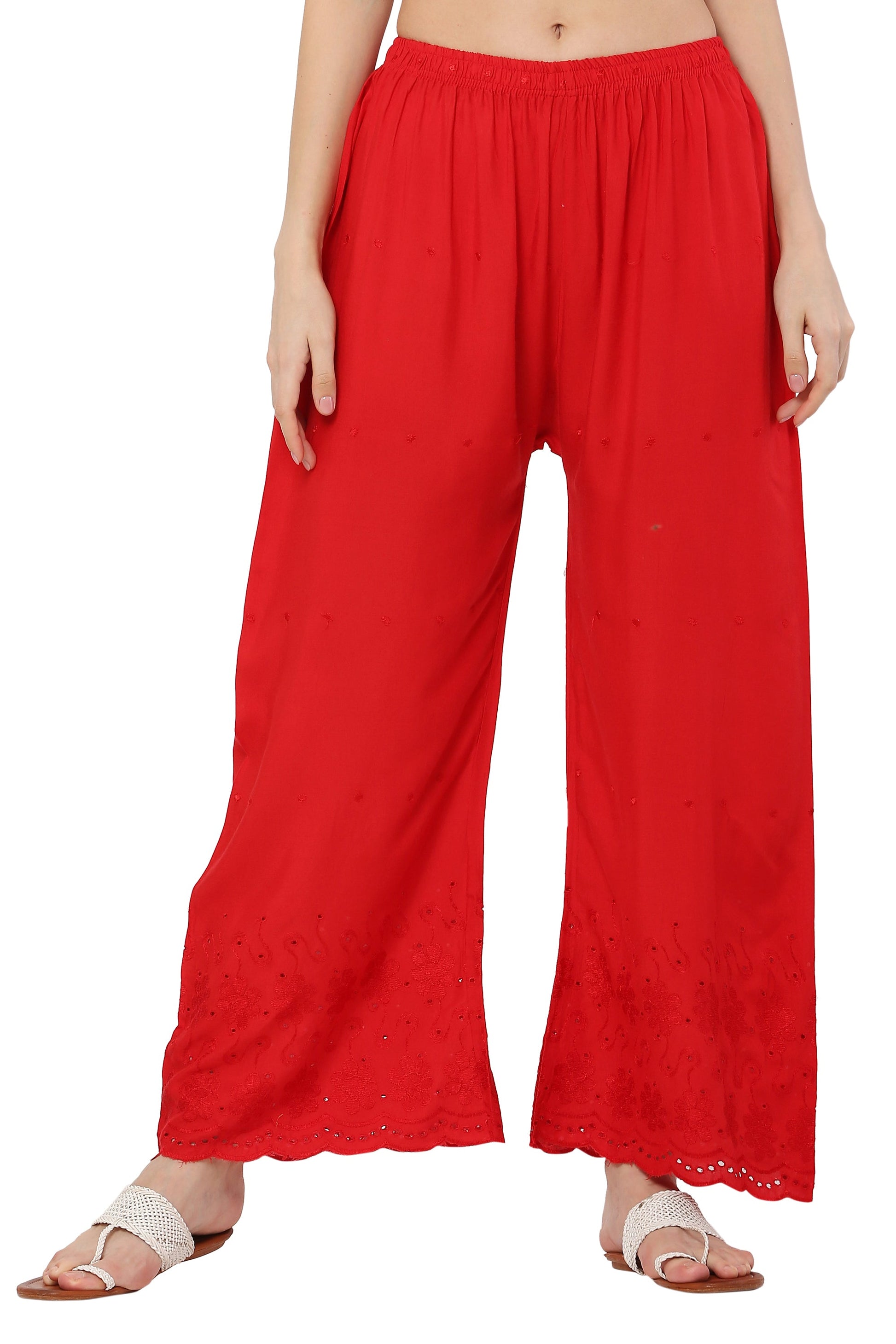 PAVONINE Red Color Half Schiffli Chikankari Rayon Fabric Sharara For Women