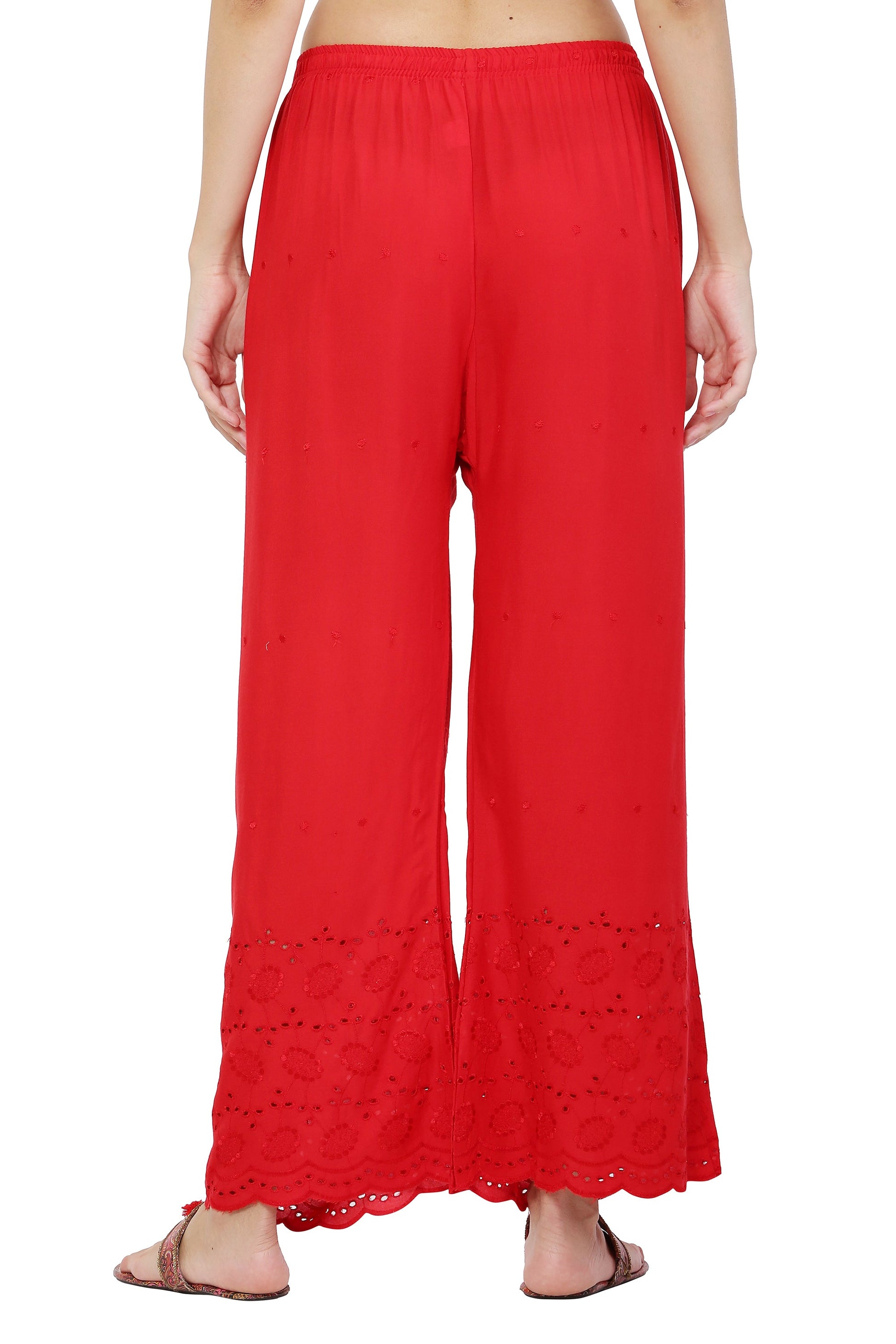 PAVONINE Red Color Half Schiffli Chikankari Rayon Fabric Palazzo For Women