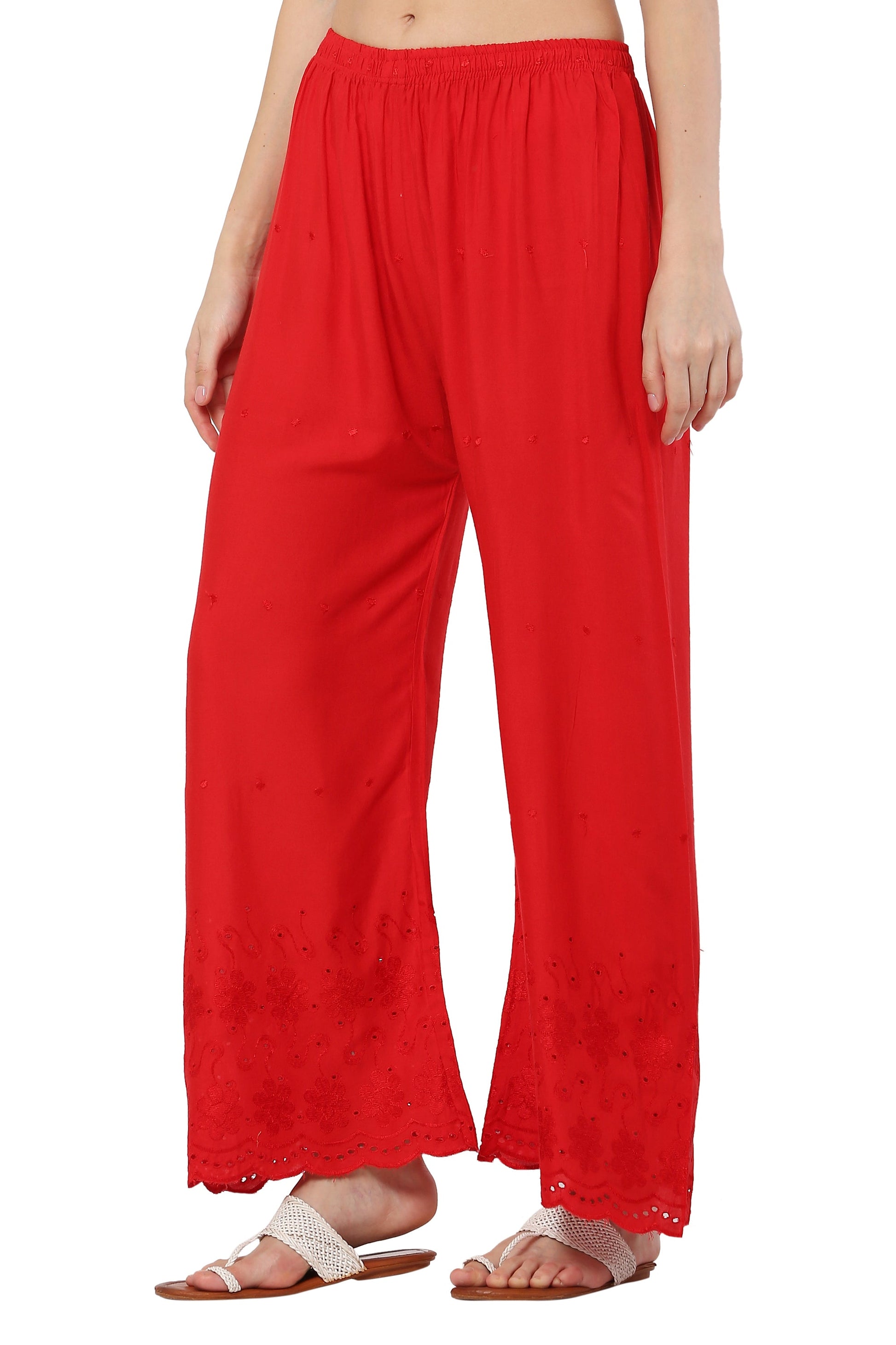 PAVONINE Red Color Half Schiffli Chikankari Rayon Fabric Palazzo For Women