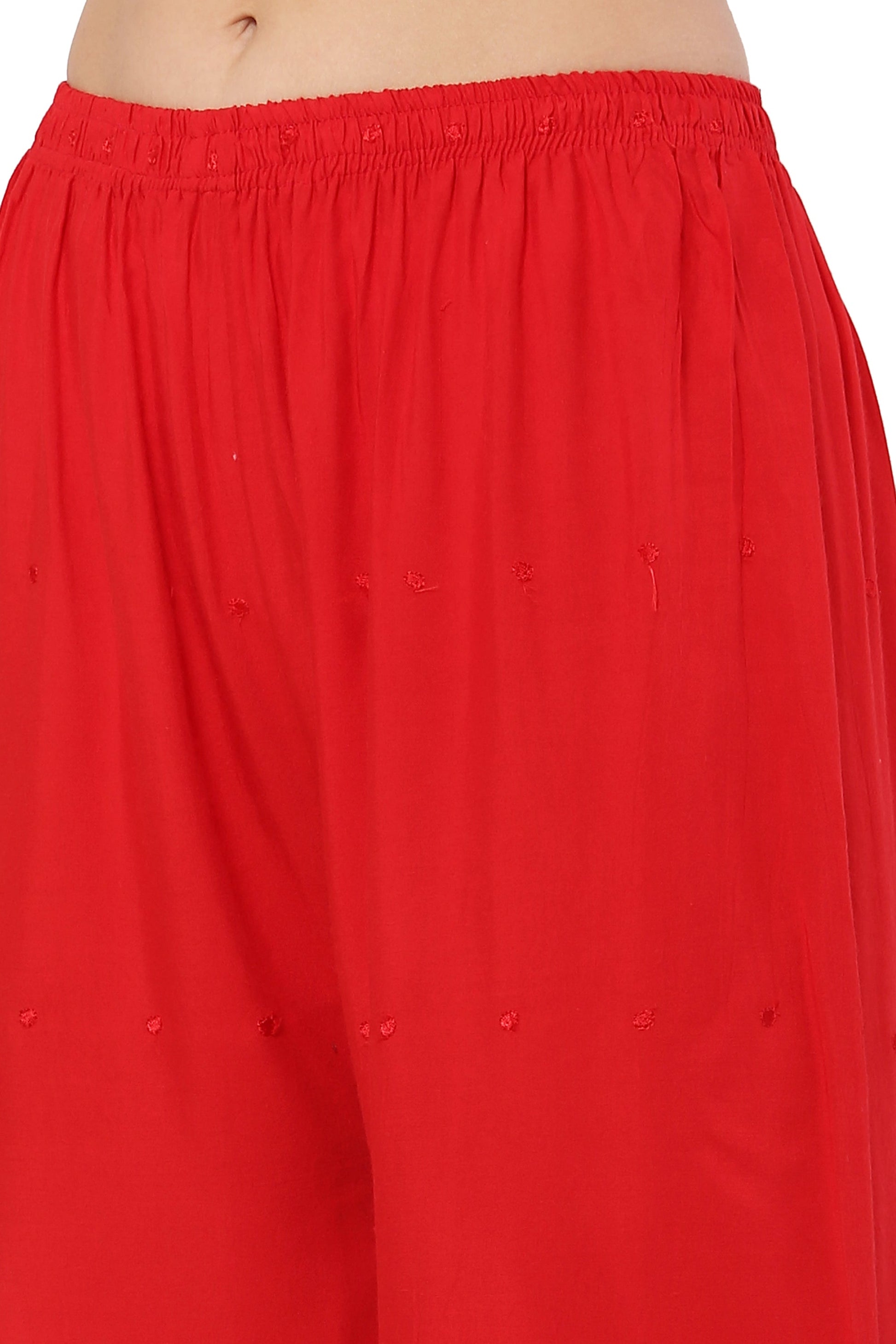 PAVONINE Red Color Half Schiffli Chikankari Rayon Fabric Sharara For Women