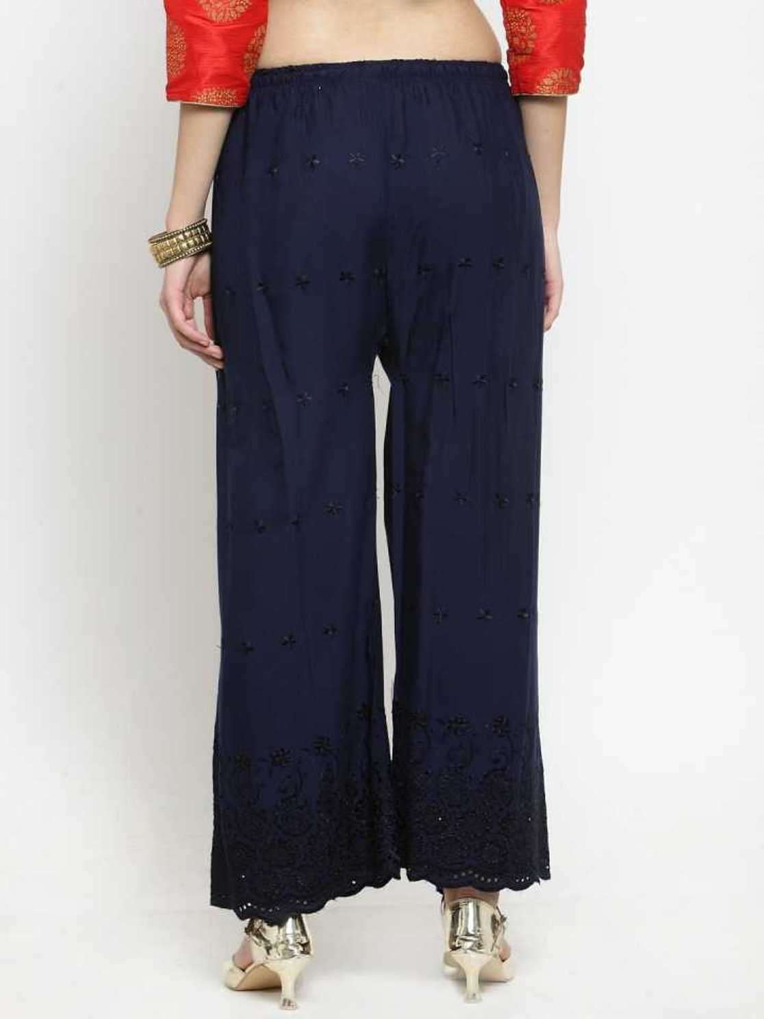 PAVONINE Navy Blue Color Half Schiffli Chikankari Rayon Fabric Palazzo For Women