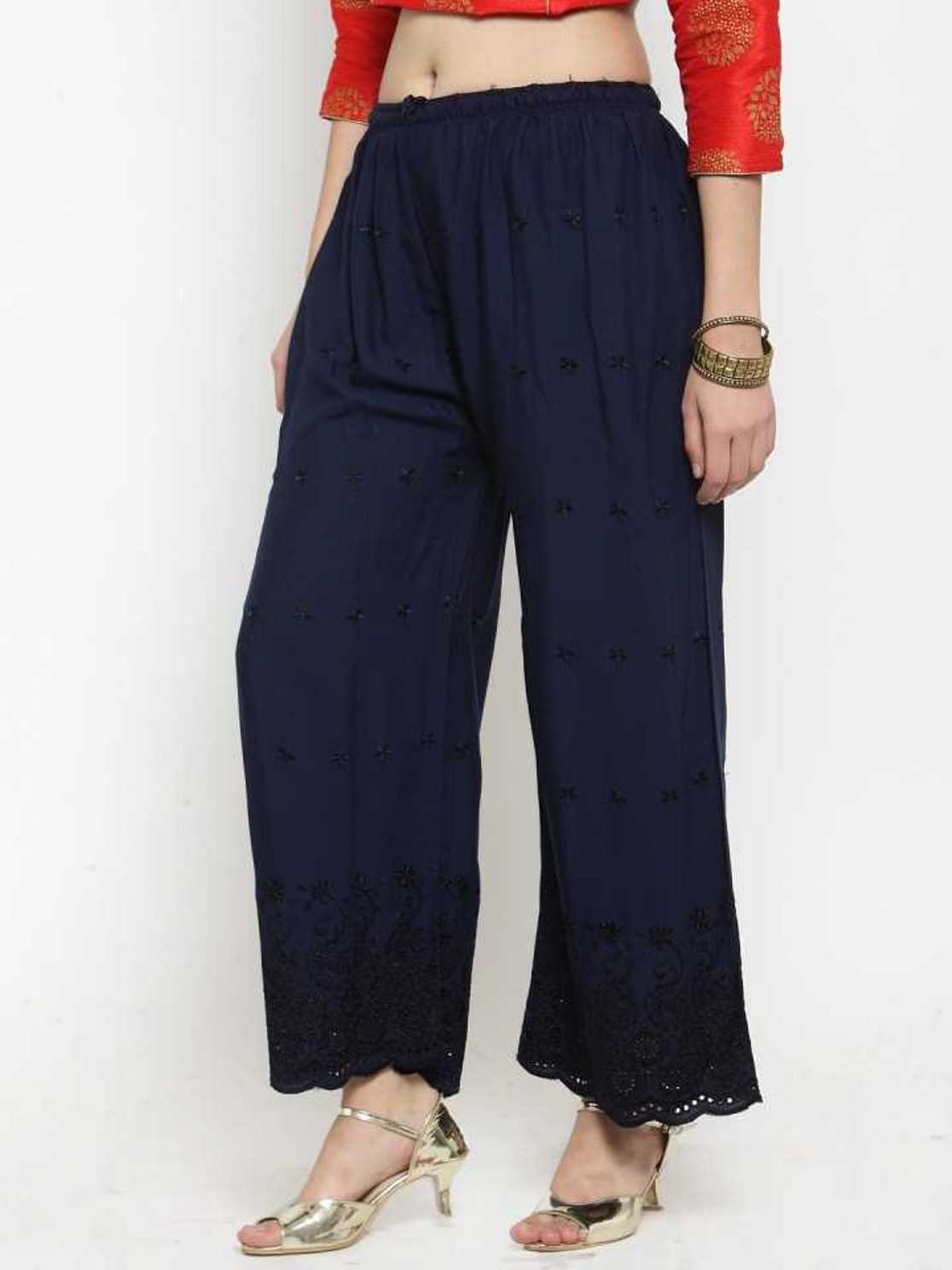 PAVONINE Navy Blue Color Half Schiffli Chikankari Rayon Fabric Sharara For Women