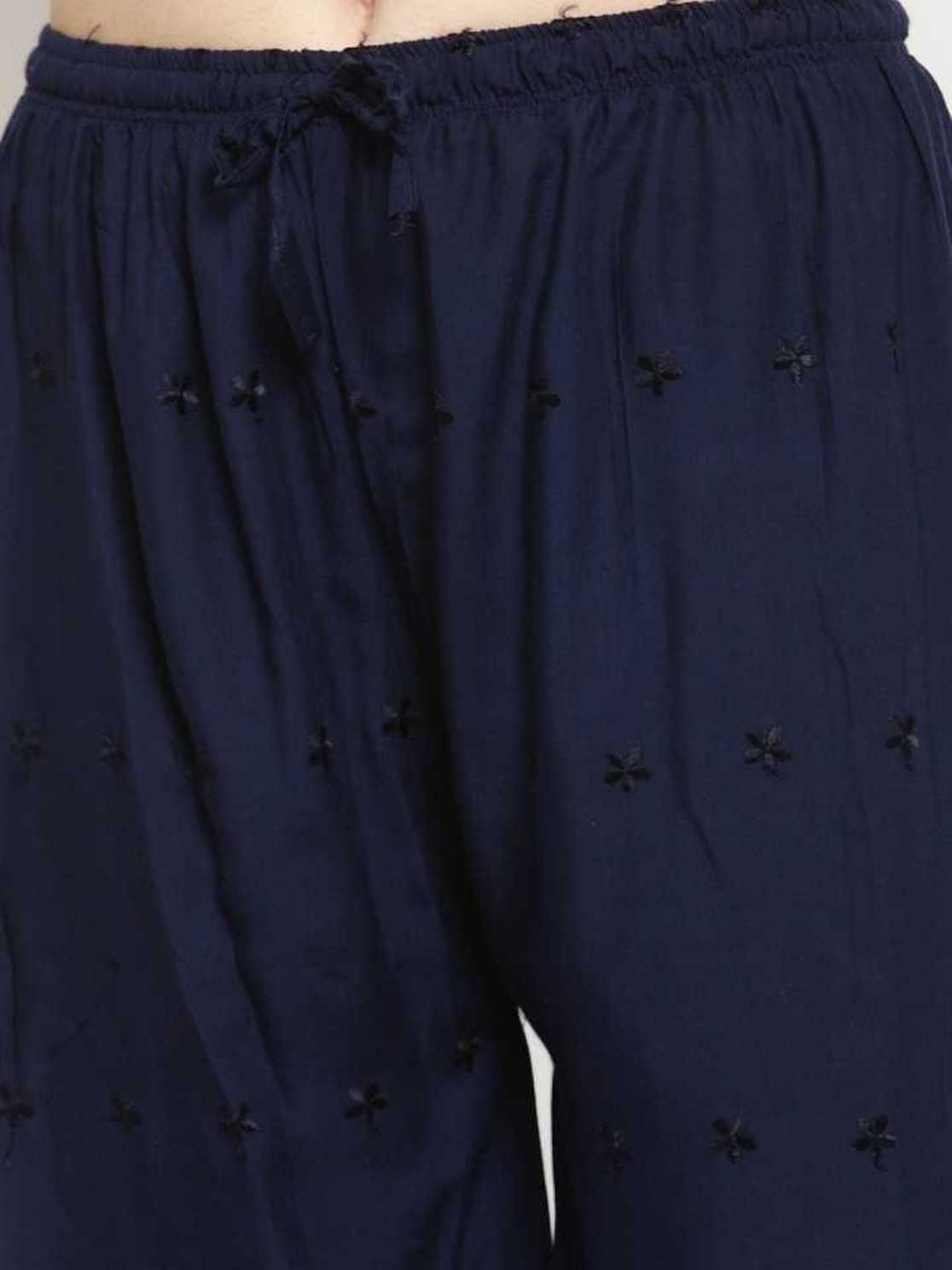 PAVONINE Navy Blue Color Half Schiffli Chikankari Rayon Fabric Palazzo For Women