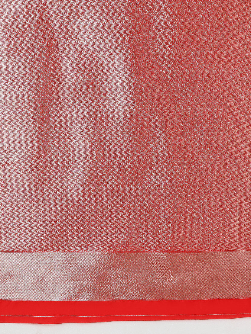 Monjolika Fashion Red Woven Silk Blend SareeWith Zari Work & Floral Motifs