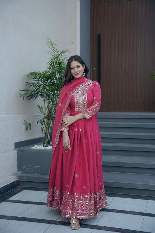 Lorenvalley Fashion Gajari Pink Shimmer Silk Embroidery Sequins Work Anarkali Gown with Dupatta 