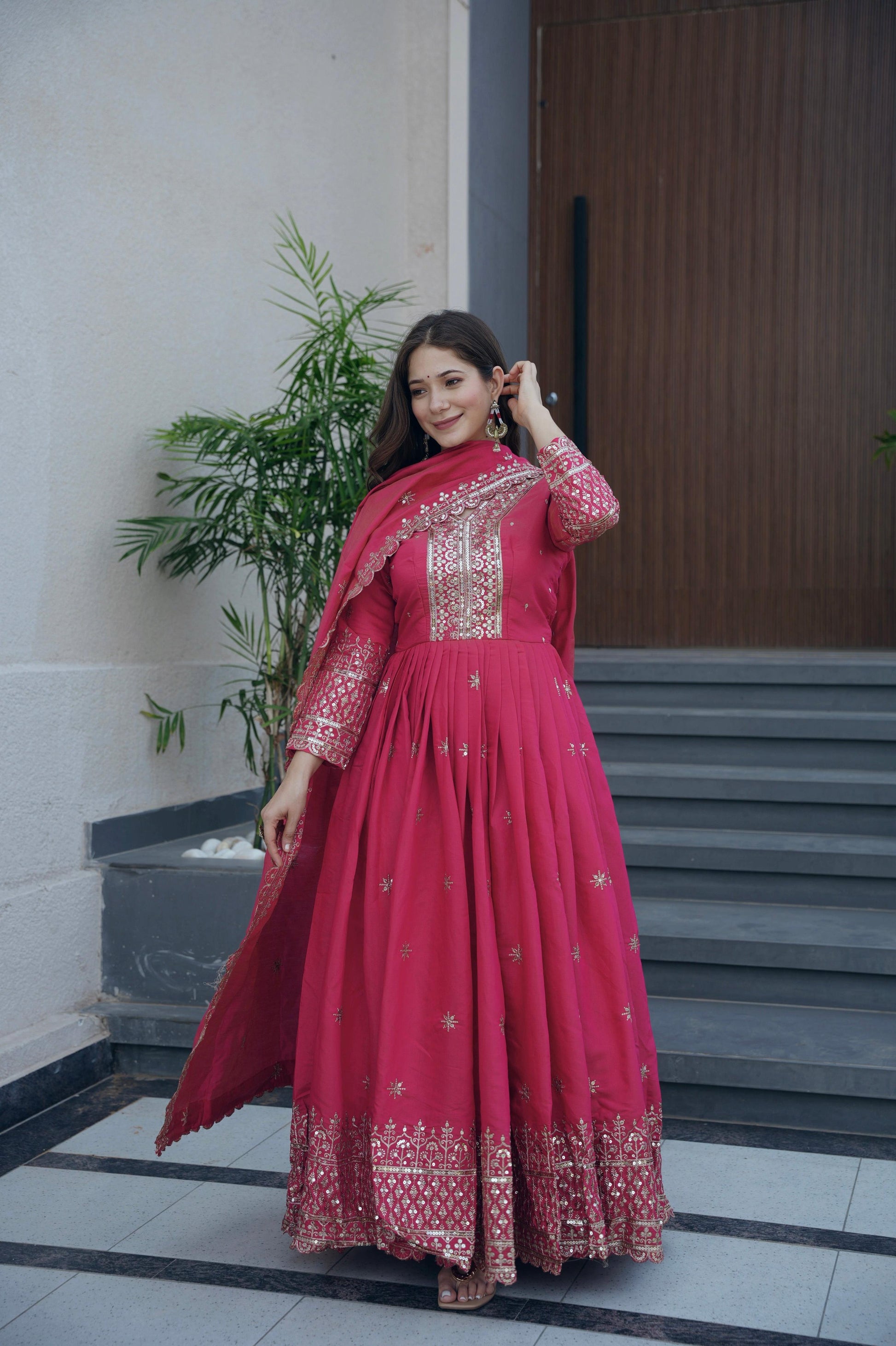 Lorenvalley Fashion Gajari Pink Shimmer Silk Embroidery Sequins Work Anarkali Gown with Dupatta 