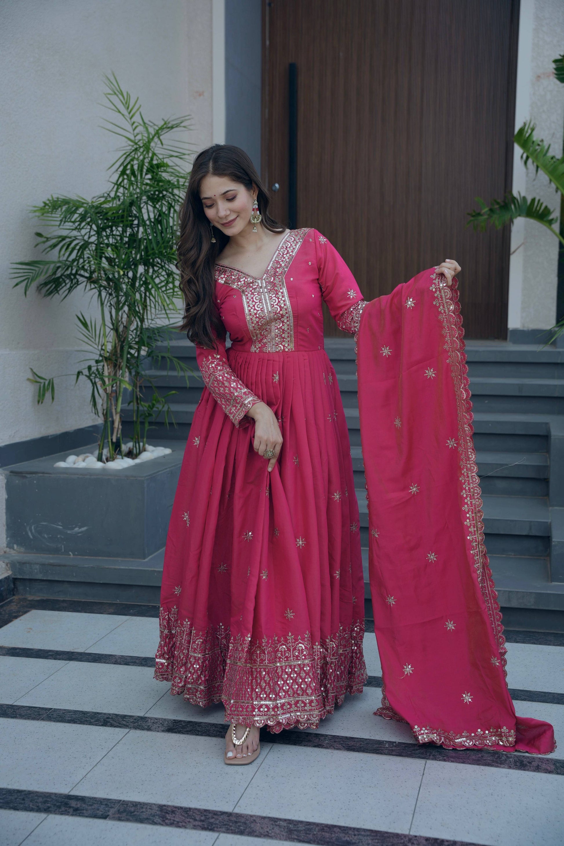 Lorenvalley Fashion Gajari Pink Shimmer Silk Embroidery Sequins Work Anarkali Gown with Dupatta 
