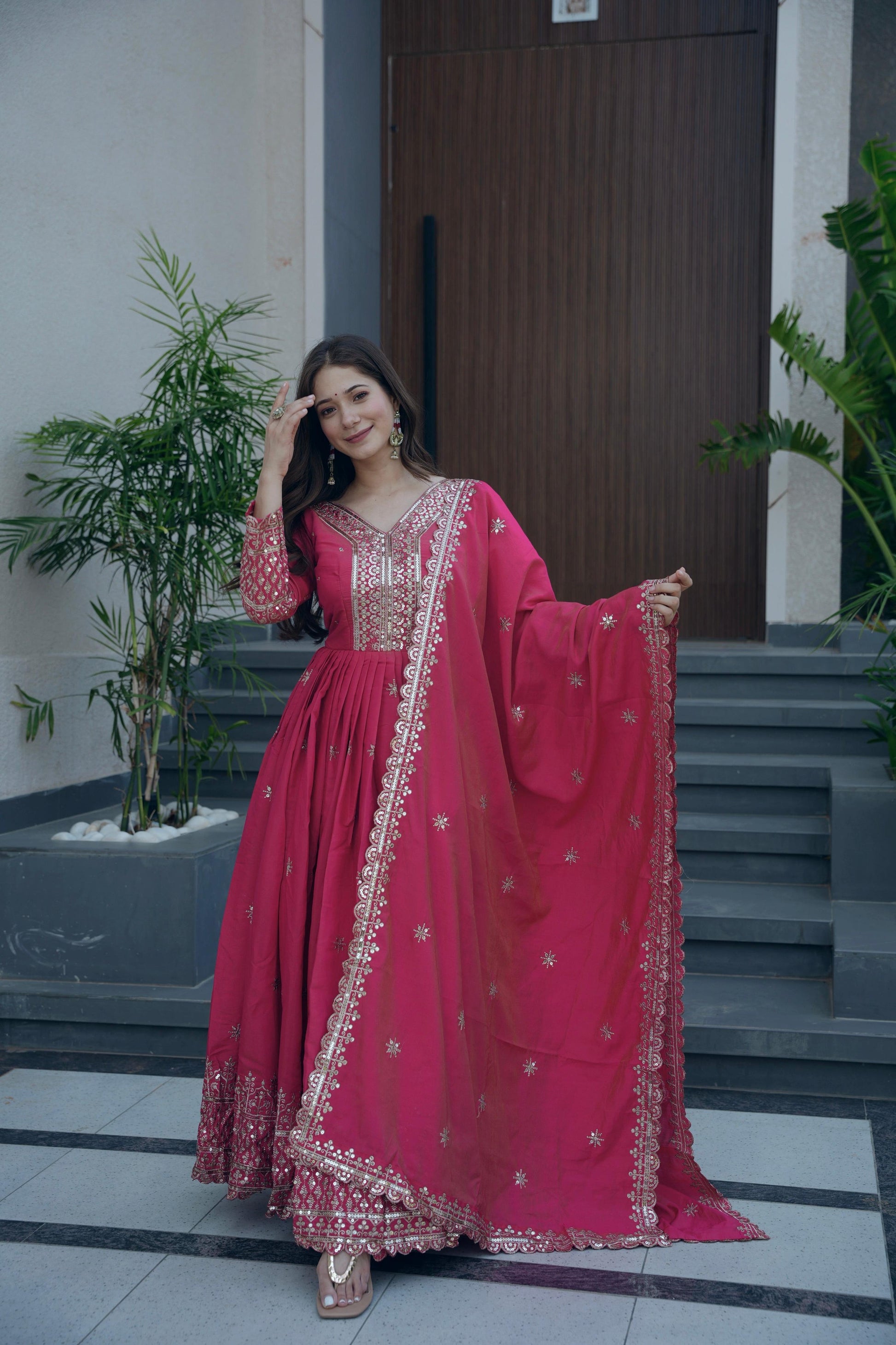 Lorenvalley Fashion Gajari Pink Shimmer Silk Embroidery Sequins Work Anarkali Gown with Dupatta 