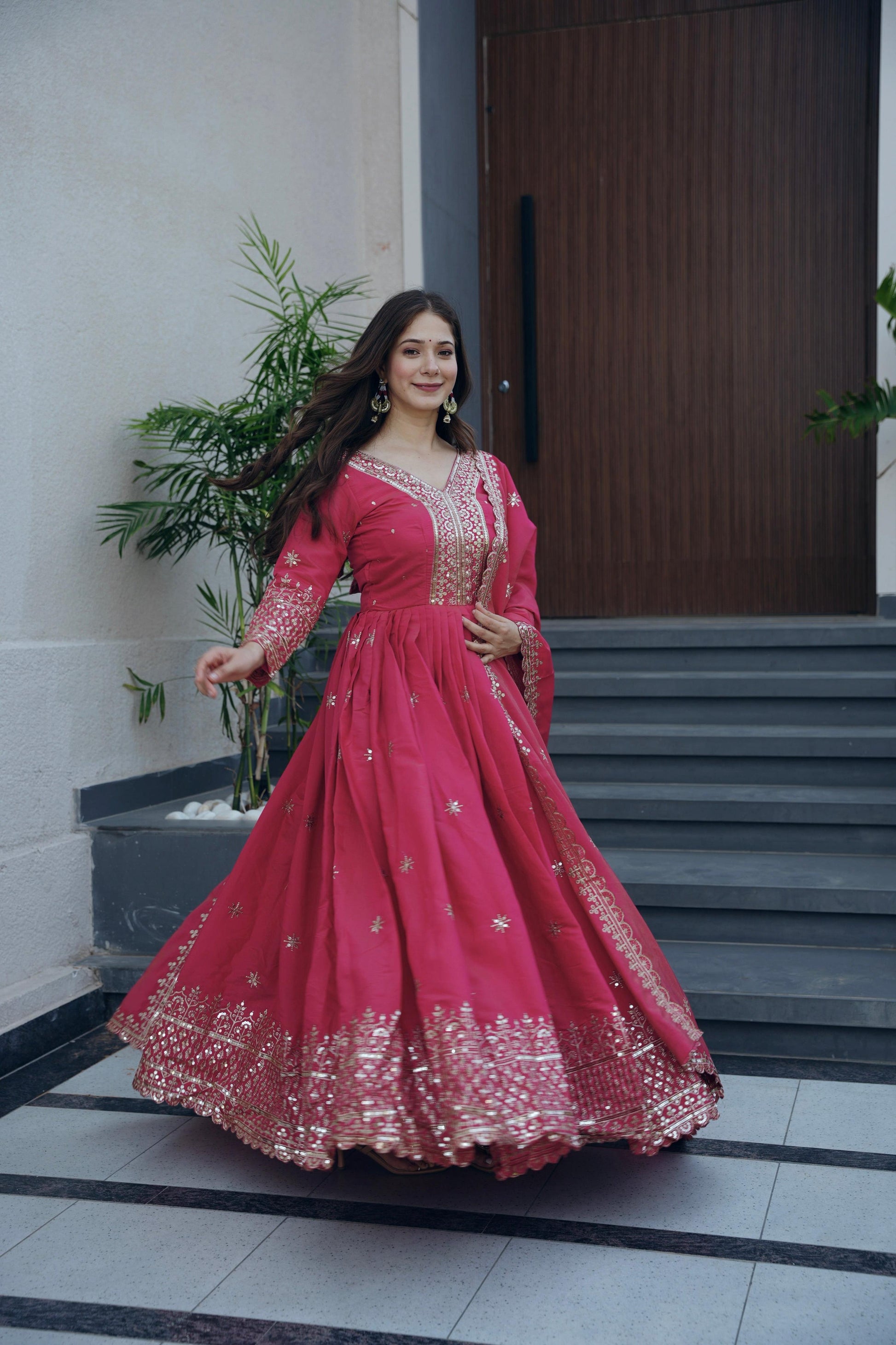 Lorenvalley Fashion Gajari Pink Shimmer Silk Embroidery Sequins Work Anarkali Gown with Dupatta 