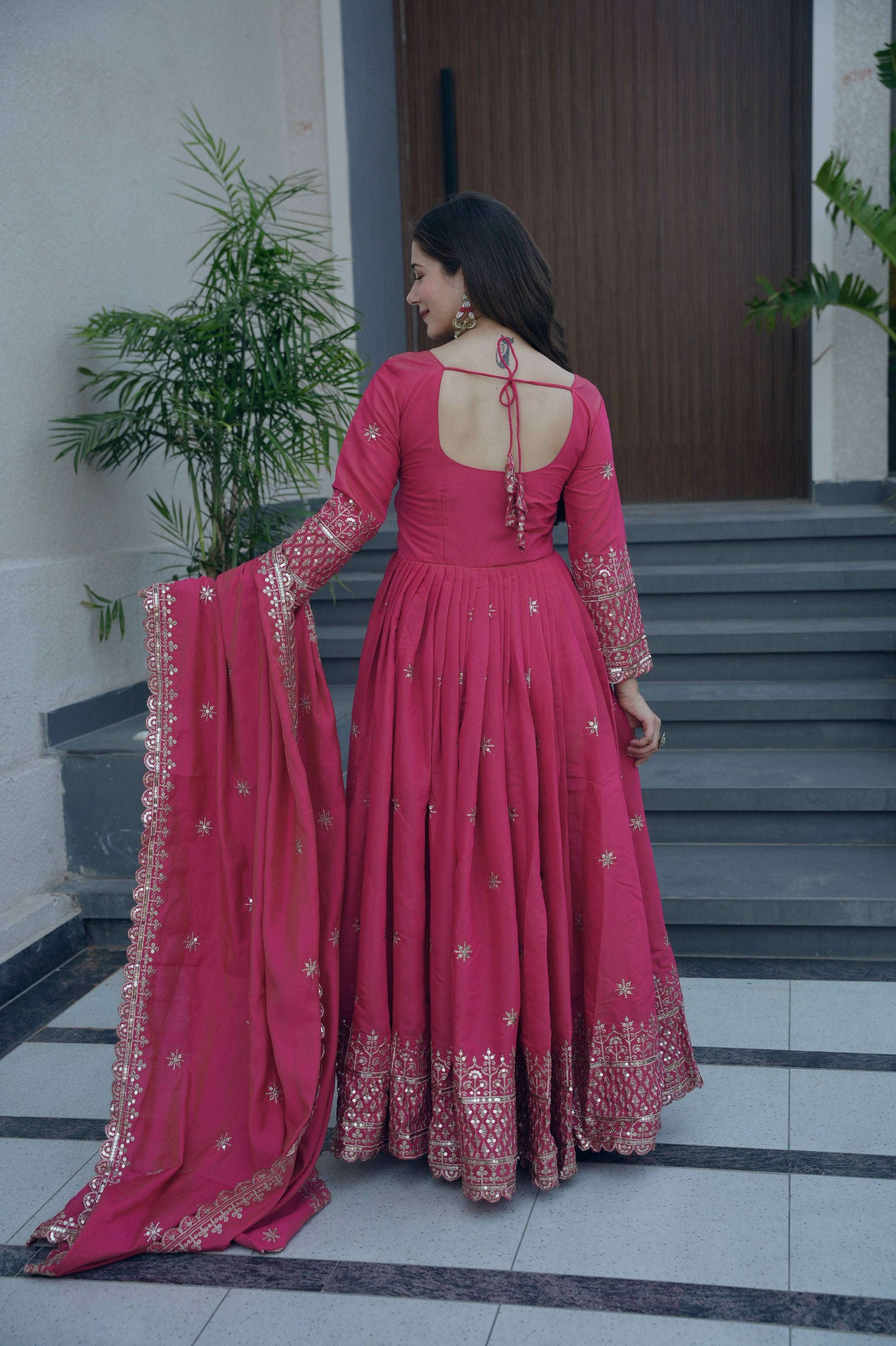 Lorenvalley Fashion Gajari Pink Shimmer Silk Embroidery Sequins Work Anarkali Gown with Dupatta 