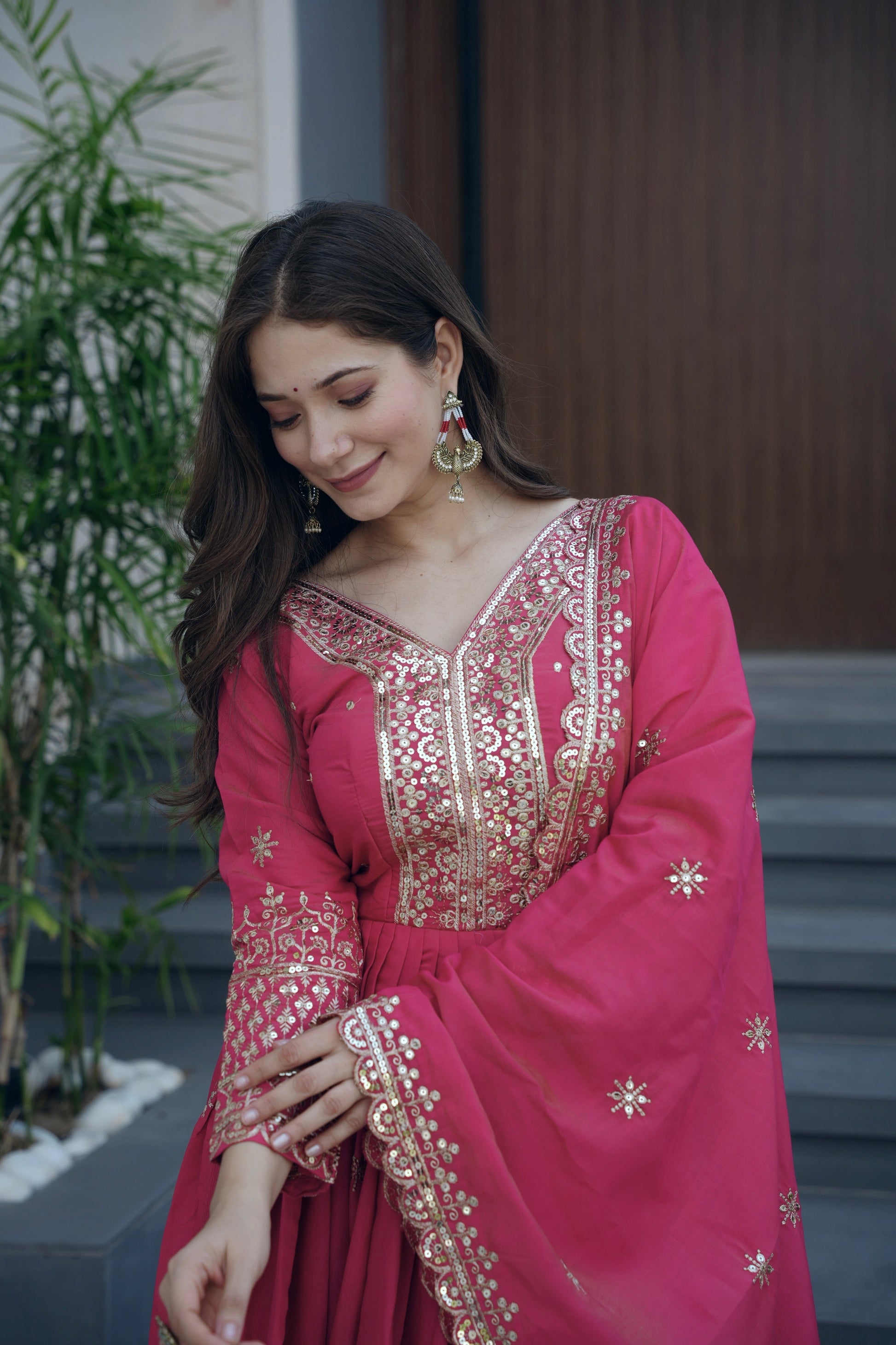 Lorenvalley Fashion Gajari Pink Shimmer Silk Embroidery Sequins Work Anarkali Gown with Dupatta 