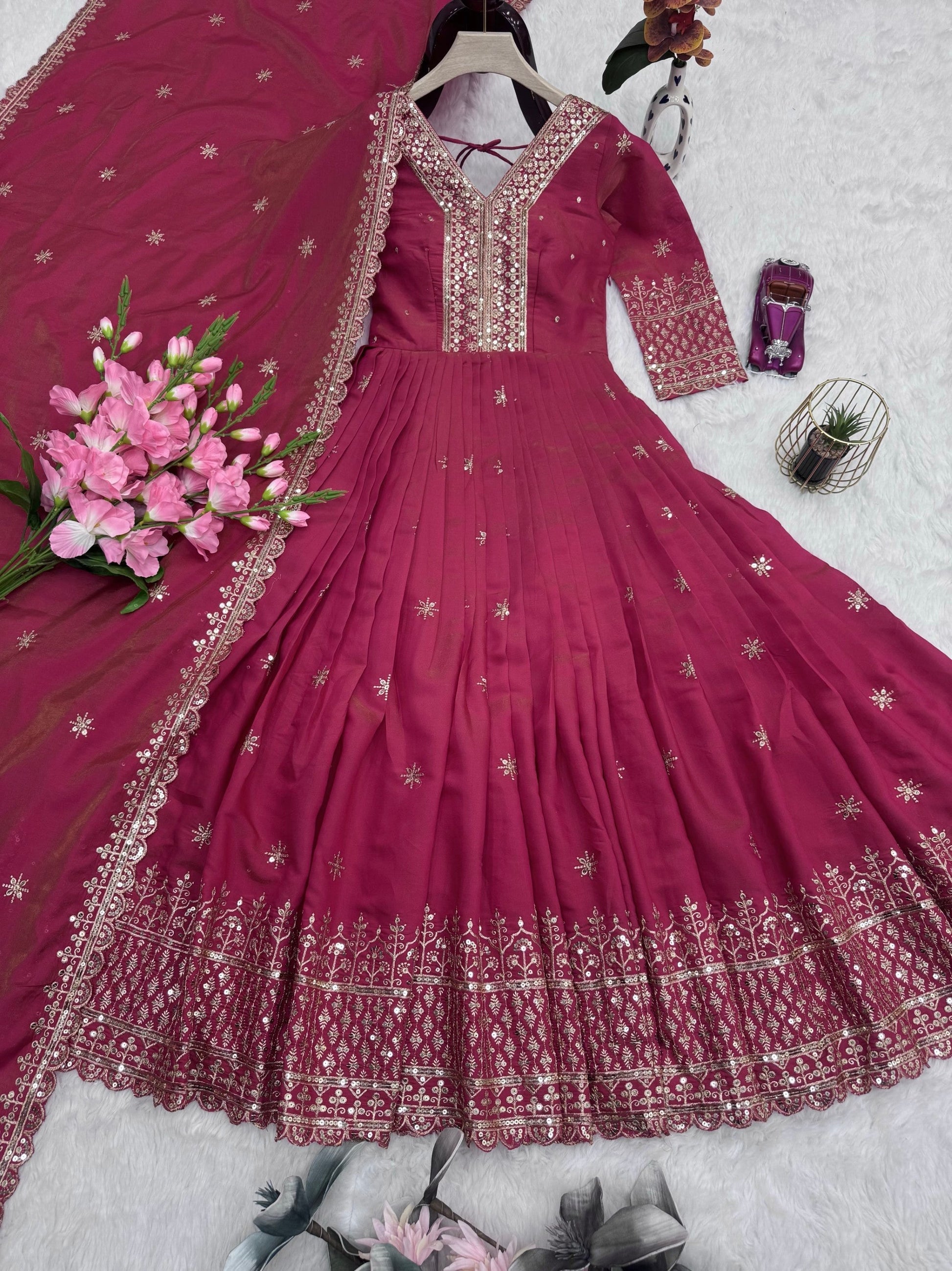 Lorenvalley Fashion Gajari Pink Shimmer Silk Embroidery Sequins Work Anarkali Gown with Dupatta 