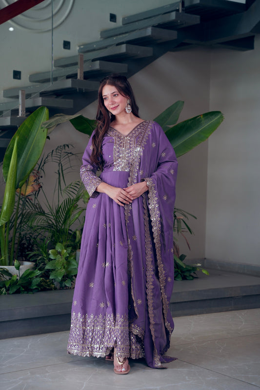 Lorenvalley Fashion Lavender Shimmer Silk Embroidery Sequins Work Anarkali Gown with Dupatta 