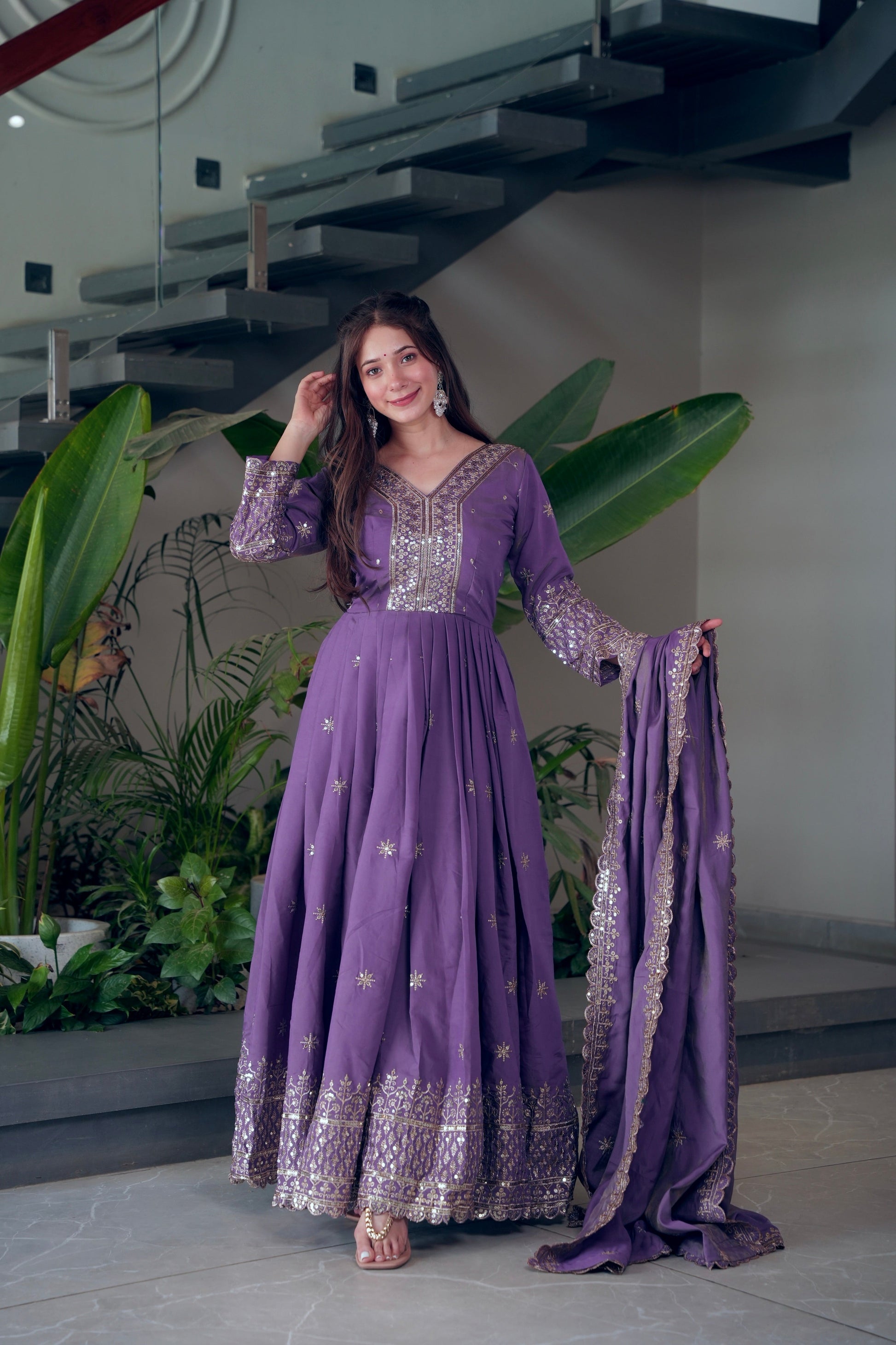 Lorenvalley Fashion Lavender Shimmer Silk Embroidery Sequins Work Anarkali Gown with Dupatta 