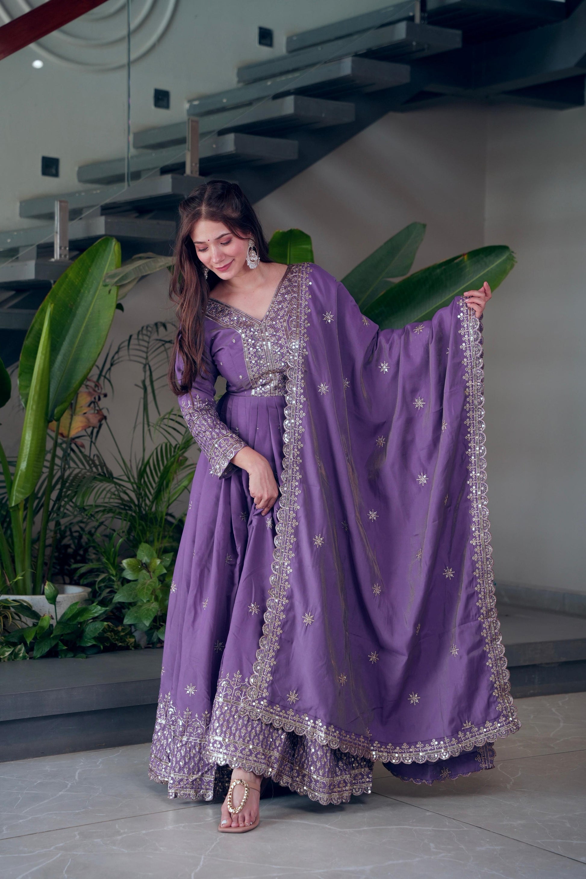Lorenvalley Fashion Lavender Shimmer Silk Embroidery Sequins Work Anarkali Gown with Dupatta 