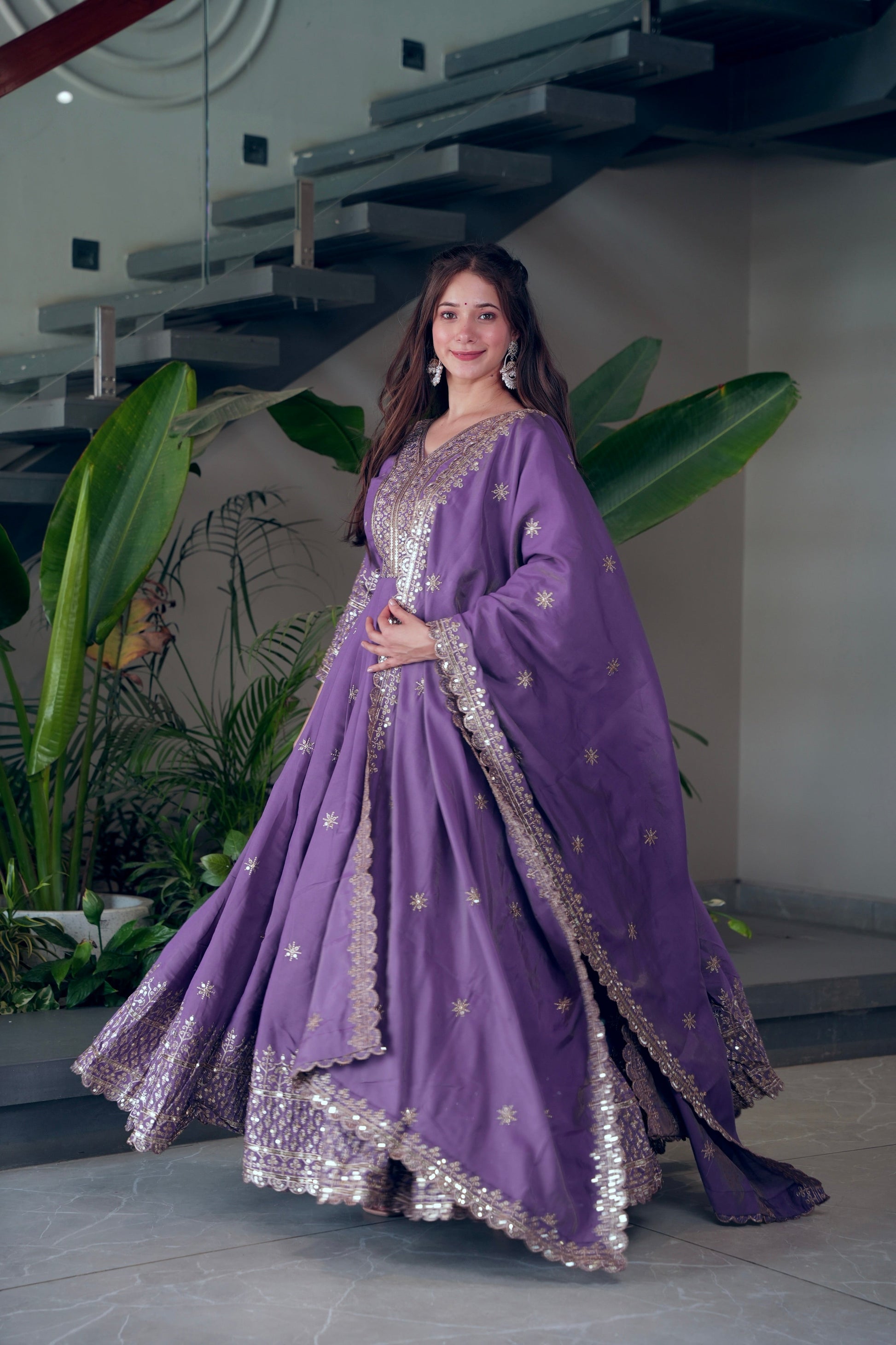 Lorenvalley Fashion Lavender Shimmer Silk Embroidery Sequins Work Anarkali Gown with Dupatta 