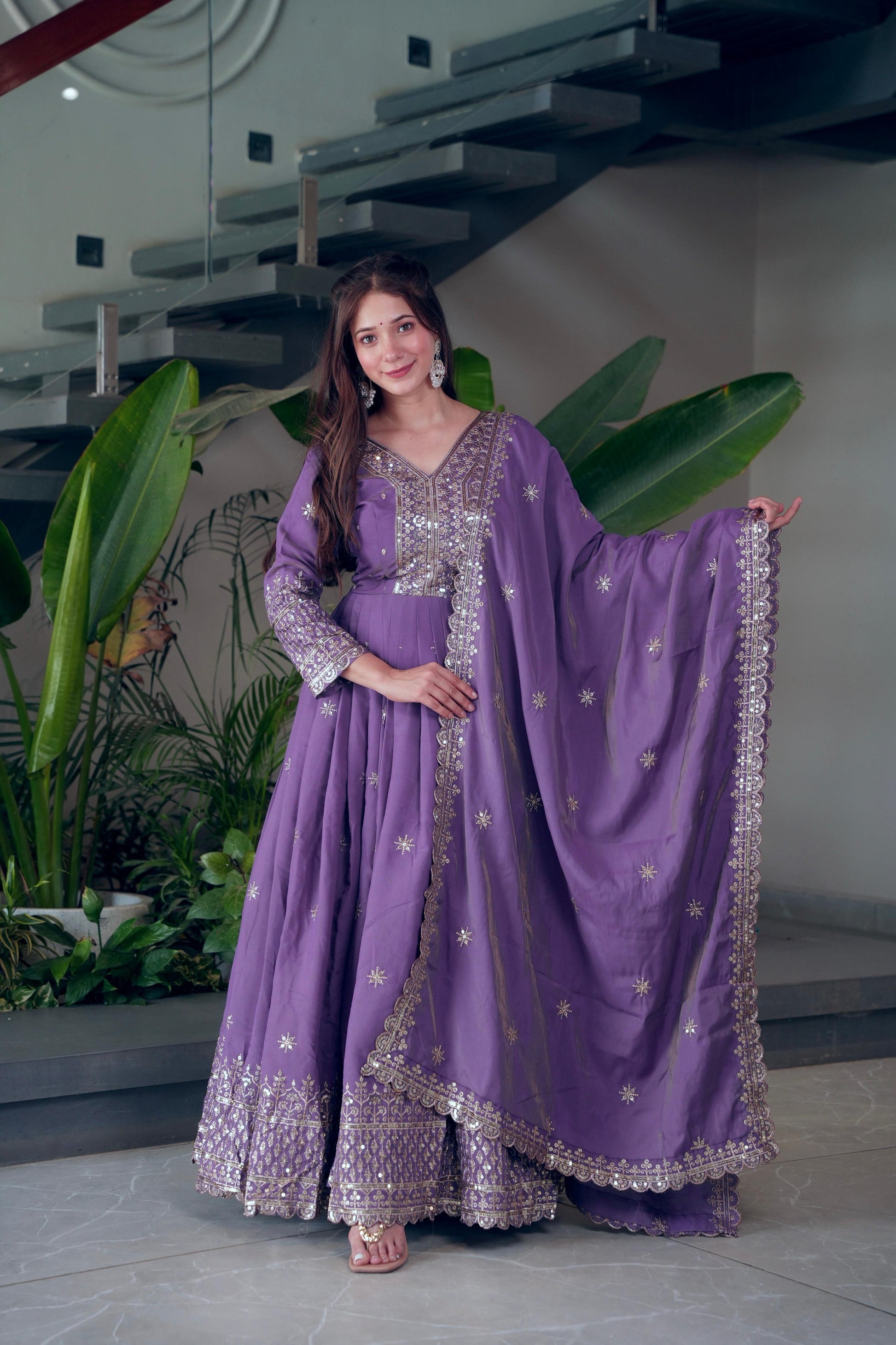 Lorenvalley Fashion Lavender Shimmer Silk Embroidery Sequins Work Anarkali Gown with Dupatta 