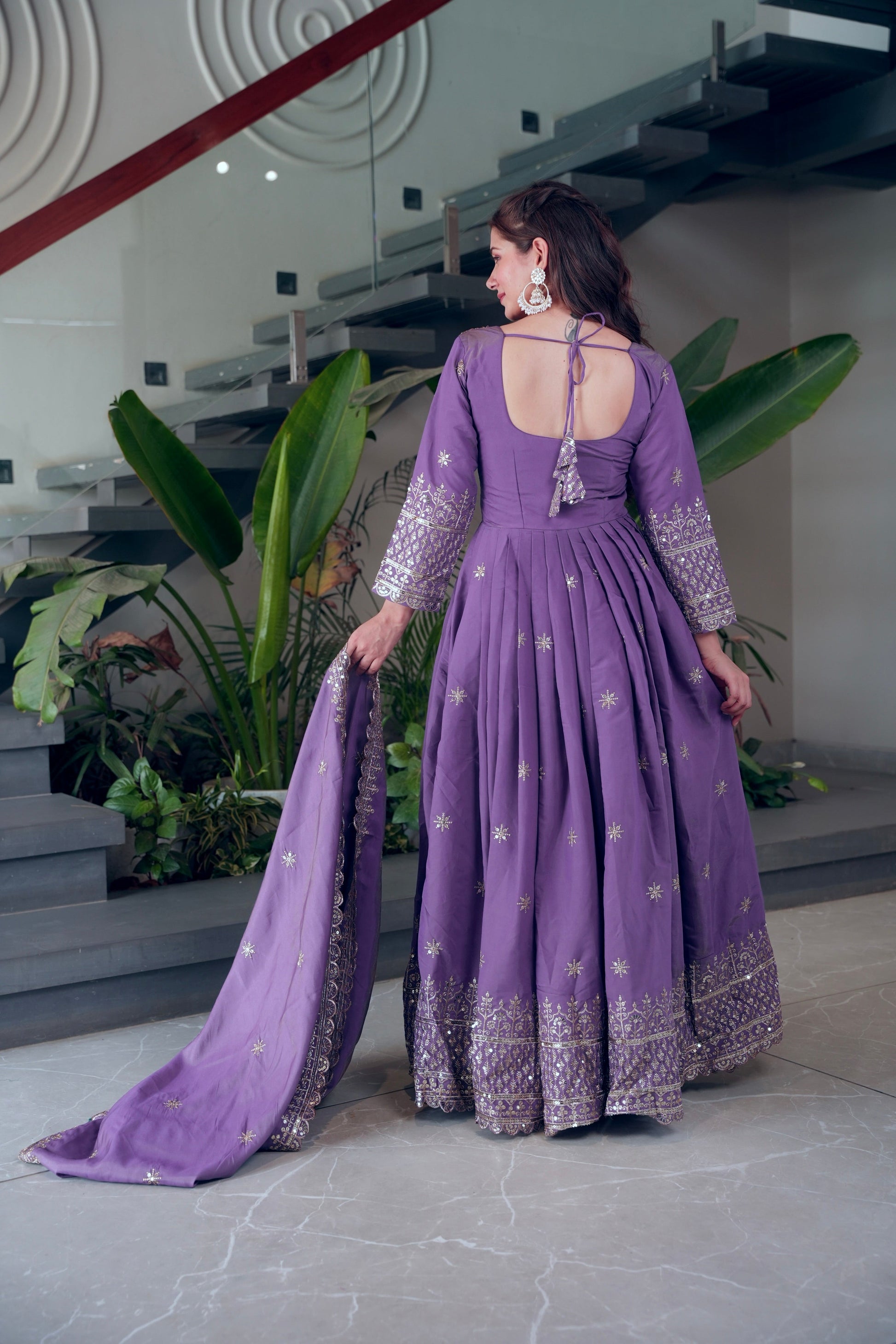 Lorenvalley Fashion Lavender Shimmer Silk Embroidery Sequins Work Anarkali Gown with Dupatta 