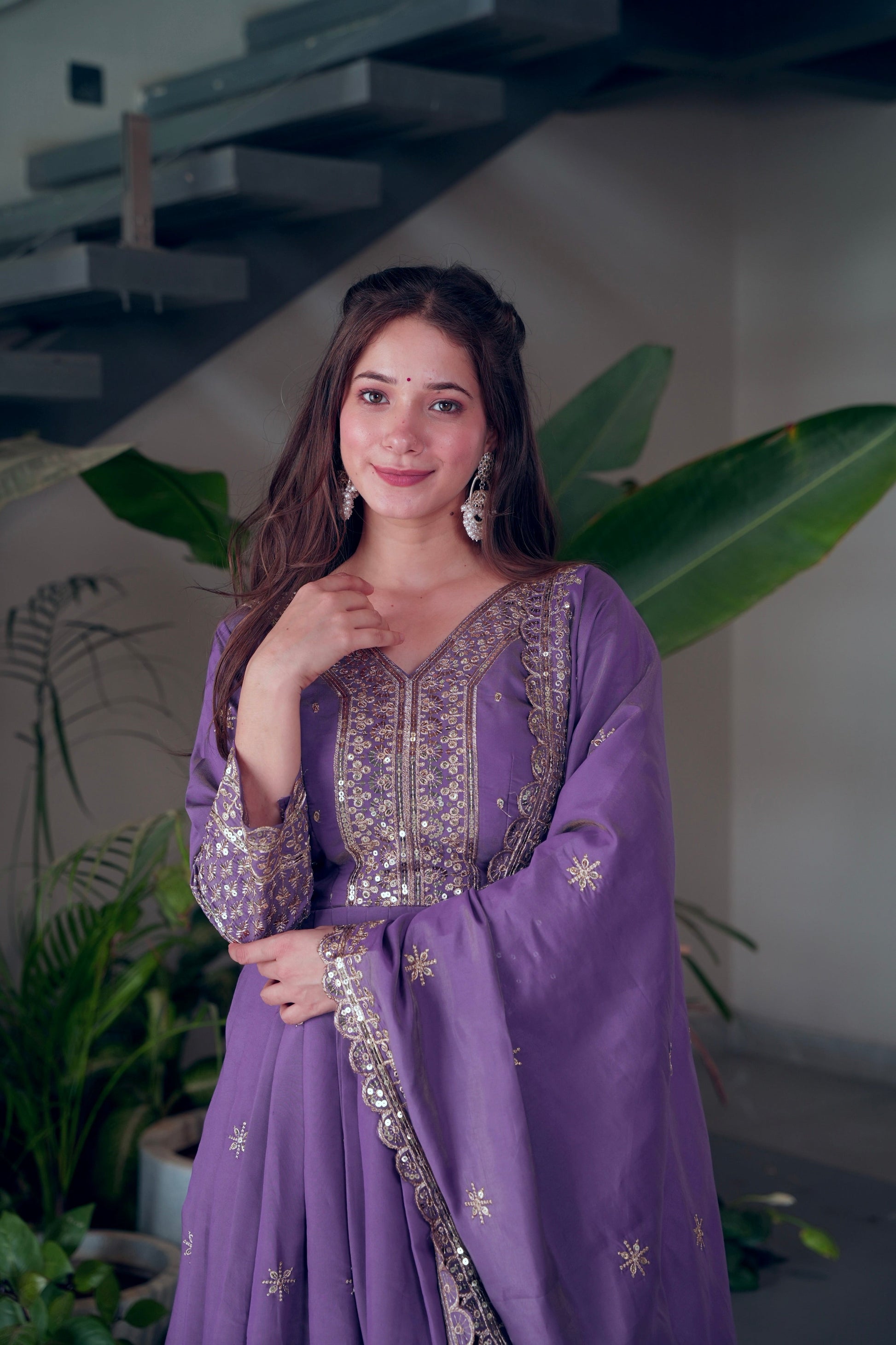 Lorenvalley Fashion Lavender Shimmer Silk Embroidery Sequins Work Anarkali Gown with Dupatta 