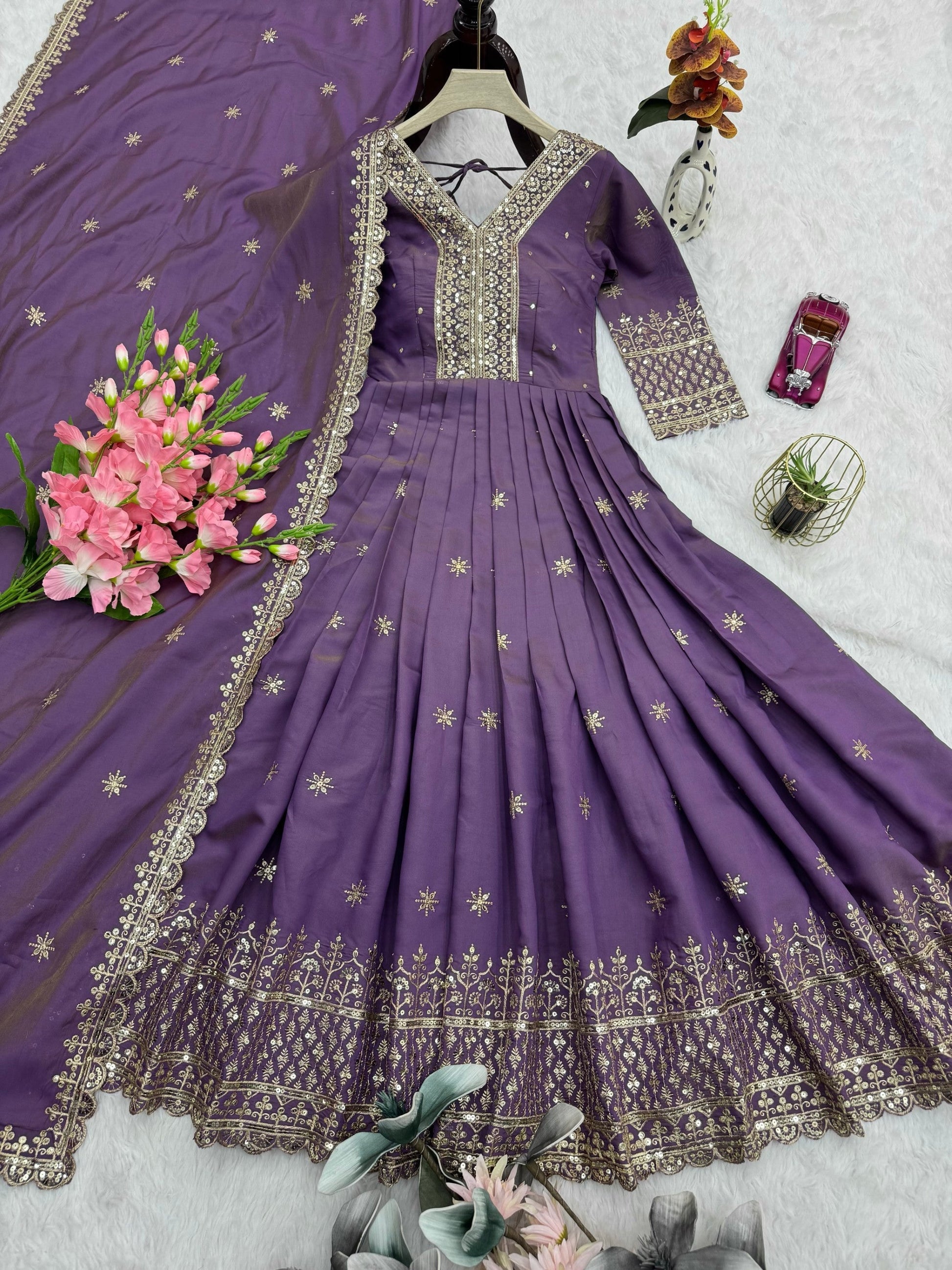 Lorenvalley Fashion Lavender Shimmer Silk Embroidery Sequins Work Anarkali Gown with Dupatta 