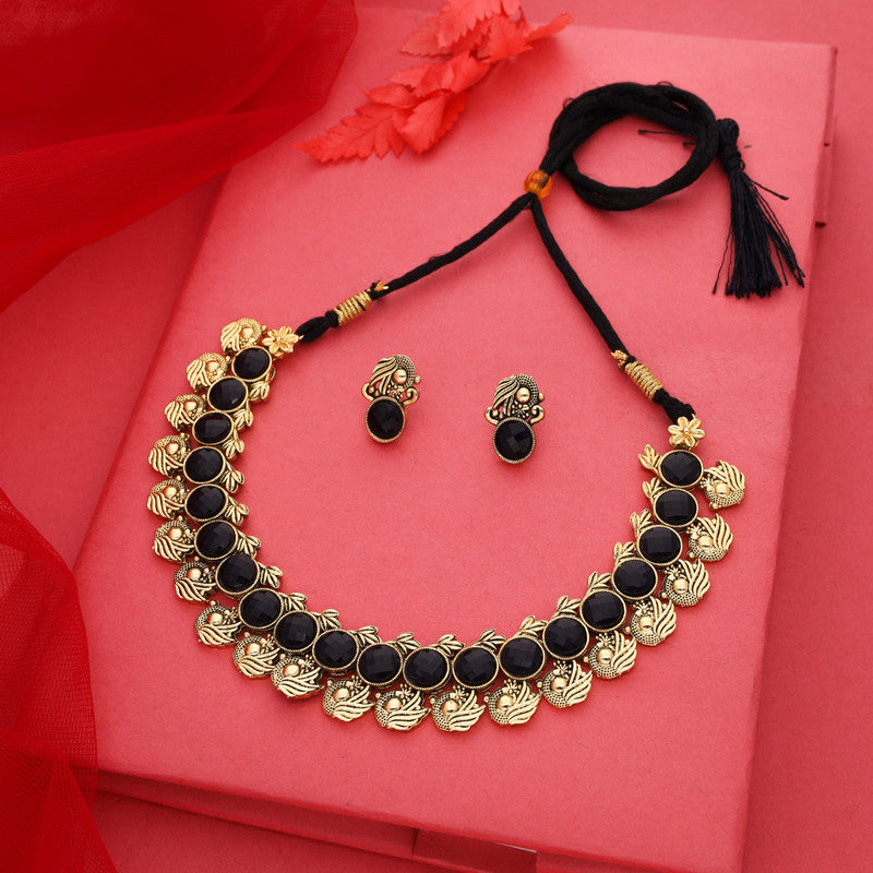Tehzeeb Creations Black Colour Gold-Polished Stone Jewellery Choker Necklace Set With Matching Pair of Stud Earrings Tehzeeb Creations